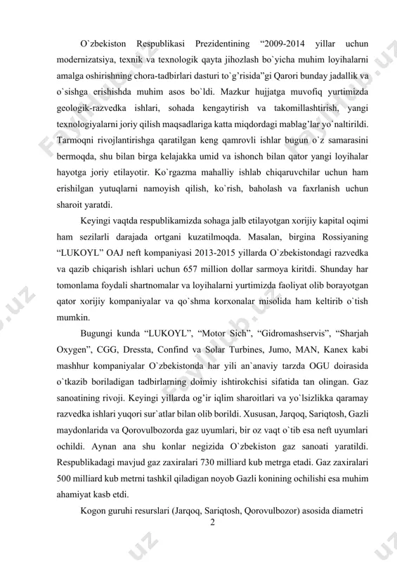 yaratildi. respublikadagi mavjud gaz zaxiralari 730 milliard kub metrga etadi. gaz zaxiralari 500 milliard kub metrni tashkil qiladigan noyob gazli konining ochilishi esa muhim ahamiyat kasb etdi. kogon guruhi resurslari (jarqoq, sariqtosh, qorovulbozor) asosida diametri 500 millimetrga teng jarqoq — toshkent gaz quvuryo`li qurilib, buxoro, samarqand va toshkent viloyatlarini gaz bilan ta`minlash yo`lga qo`yildi, gazli konining yirik zaxiralaridan foydalanish uchun esa uzunligi 2 000 kilometr va diametri 1020 millimetrli gazli — ural magistral’ gaz quvuryo`li o`tkazildi. yangi maydonlarni o`zlashtirish va gaz-neft konlarini ochish ishlari davom ettirildi. ochilgan aksariyat konlardagi gaz tarkibida oltingugurtning ko`pligi bilan ajralib turadi. gazli konidagi oltingugurtsiz gaz zaxiralarining bora-bora tugab borishi va shu sabab zudlik bilan kam oltingugurtli va yuqori oltingugurtli gazlarni qazib chiqarishni tashkil etish ehtiyoji tabiiy gazni oltingugurtdan tozalash uchun mo`ljallangan gazni qayta ishlash zavodining qurilishini talab etar edi. 1972 yilda muborak gazni qayta ishlash zavodining birinchi navbati ishga tushirildi va bu bilan o`zbekistonda gazni …