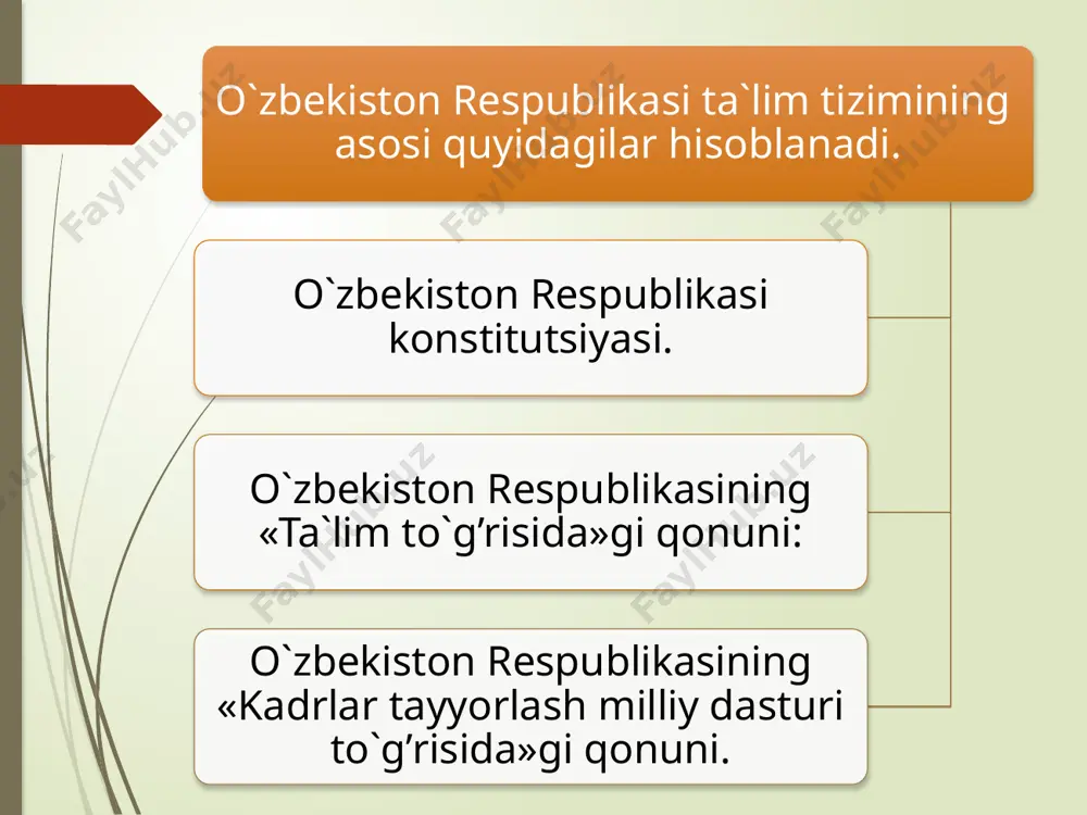 g olijanobligi ekanligiga ishontirish. 7. bahs-munozaralar uyushtirish. yoshlar orasida olib boriladigan ma'naviy-axloqiy tarbiyaning quyidagicha metod, shakl va vositalari bor va ular: 8. uchrashashuvlar 9. matbuot konferensiyasi. 10. tanlovlar o‘tkazish. 11. sahnaviy darslar o‘tkazish. 12. matbuot materiallari. 13. o‘quv va yordamchi adabiyotlar bilan ishlash. 14. ma'naviy-axloqiy tarbiyaga oid multimediali tarbiya texnologiyalari. 1. ma'naviy-axloqiy mavzudagi suhbatlar: 2. hikoya; 3. tushuntirish; 4. ma'ruza va seminar tashkil etish va uyushtirish: 5. namuna ko‘rsatish. 6. kishi ijobiy xislat va fazilatlari insonning olijanobligi ekanligiga ishontirish. 7. bahs-munozaralar uyushtirish. 8. uchrashashuvlar 9. matbuot konferensiyasi 10. tanlovlar o‘tkazish. 11. sahnaviy darslar o‘tkazish. 12. matbuot materiallari. 13. o‘quv va yordamchi adabiyotlar bilan ishlash. 14. ma'naviy-axloqiy tarbiyaga oid multimediali tarbiya texnologiyalari. e`tiboringiz uchun rahmat! /docprops/thumbnail.jpeg