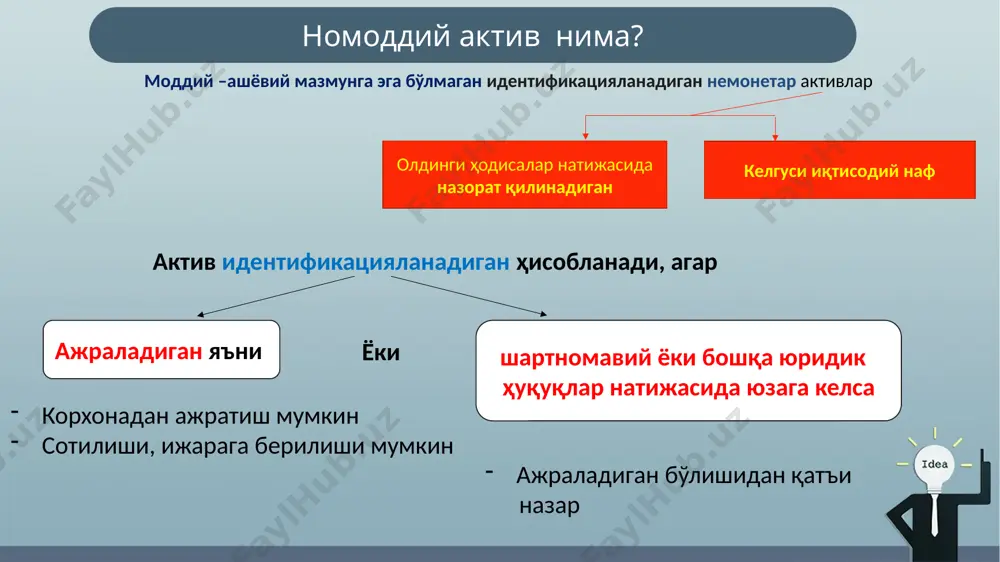 зим *фхм – фойдали хизмат муддати амортизация бошланиши ва тўхтатилиши номоддий актив қачонки фойдаланишга тайёр бўлса, амортизация бошланади. налар амортизацияси қуйидаги икки сананинг олдингисида тўхтатилади: на тан олиниши бекор қилинган санада (ias 38) на сотиш учун мўлжалланган актив сифатида классификация қилинган санада (ifrs 5) наларни тан олинишини бекор қилиш чиқиб кетганда ташкилот учун ортиқ иқтисодий наф келтирмаса ёки фойда ёки зарар соф кирим суммаси - нманинг баланс қиймати bepul olingan nomoddiy aktivlarning qiymati, qonunchilikka muvofiq baholash bilan shug’ullanuvchi ekspertlar tomonidan yoki qabul qilish-topshirish dololatnomalari bo’yicha aniqlanadi. agar sotib olingan nomoddiy aktivlar qiymatini bank oldindan to’liq yoki qisman to’lab berilgan taqdirda buxgalteriya hisobida quyidagicha rasmiylashtiriladi: dt 19909-“tovar-moddiy qimmatliklar uchun to’langan mablag’lar” scheti, kt 16103- “bosh bank / filiallardan filiallar va banklararo hisob-kitoblar bo’yicha olinadigan mablag’lar” scheti, aktivlar kelib tushganda esa, dt16601- “nomoddiy aktivlar” scheti, kt 19909-“tovar-moddiy qimmatliklar uchun to’langan mablag’lar” scheti. agar bank tomonidan to’lov nomoddiy aktivlar kelib tushgandan keyin amalga …