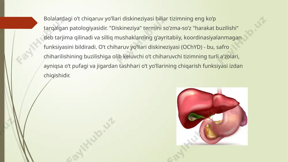 ushbu holat uchun yetarli darajadagi xususiyatli simptom - tez yugurish yo’ki tez yurishda o’ng yo’nboshda paydo bo’ladigan kuchli sanchisimon og’riq, bu shundoq ham kattalashgan jigarning venoz qon oqib kelishining kuchayishi hisobiga yanada kattalashib, kapsulasi chuzilishi bilan tushuntiriladi. bu simptom fizkultura mashg’ulotlarida yoki trenirovkalarda, harakatchan o’yinlarda, raqs bilan shug’ullanishda yana ham kuchliroq namoyo’n bo’ladi.ochyd ning gipotonik shakli o’ng yonboshdagi, deyarli doimiy, zirqirovchi simillagan og’riq bilan xususiyatlanadi. hissiy zoriqish, ovqatlanishdagi kamchiliklar og’riq sezgilarini kuchaytirishi mumkin. kasallikning qat'iy yo’ldoshi dispepsiya hisoblanadi. bolalarda ishtaha pasayadi, ularni tez-tez ko’ngil aynishi bezovta qiladi. ko’pincha kichik bolalar yog’li va shirin ovqatni kotarolmaydi, ularni iste'mol hilgandan so’ng bolalarda ko’ngil aynishi va qusish boshlanadi. ba'zida katta yoshdagi bolalar og’izdagi achchiq ta'mga shikoyat qilishadi. o’zgaruvchan ich kelishi paydo bo’ladi. ob'ektiv korikda shifokor paypaslab o’ng qovurga osti sohasida ogriqli zonalarni, kaft qirrasi bilan qovurga ravoqining chetiga urganda og’riqlarning kuchayishini aniqlaydi. ko’pchilik bolalarda jigar kattalashadi, va uning cheti qovurga ravog’idan 1-2 sm …