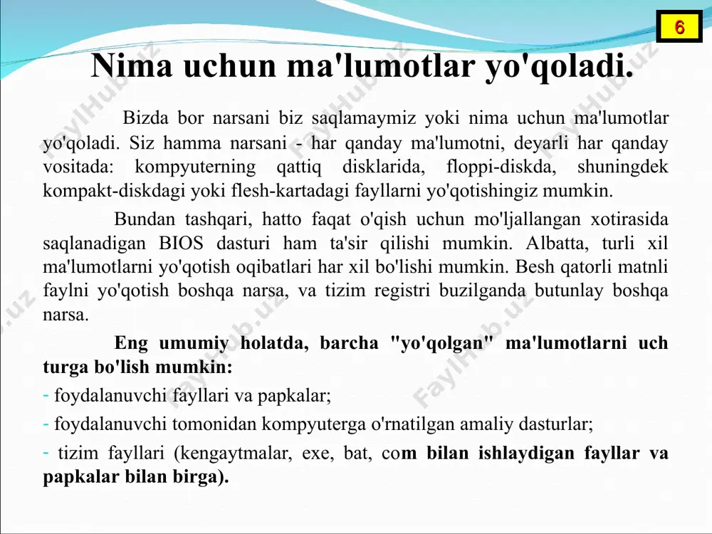 sulini belgilaydigan buyruq. fayl tizimi tarkibiy tuzilish shakli va jismoniy shaklini belgilaydi. odatda fayllar shaklida guruhlangan ma'lumotni saqlash. muayyan fayl tizimi fayl nomlari (va kataloglar) hajmini, fayl va bo'limning mumkin bo'lgan eng katta hajmini, fayl atributlarining to'plamini belgilaydi. 12 fayllar shaklida ma'lumotlar tashuvchisiga joylashtirish va buyurtma qilish; saqlash muhitidagi maksimal qo'llab-quvvatlanadigan ma'lumot miqdorini aniqlash; fayllarni yaratish, o'qish va o'chirish; fayl atributlarini tayinlash va o'zgartirish (o'lcham, yaratish va o'zgartirish vaqti, faylning egasi va yaratuvchisi, faqat o'qish uchun, maxfiy fayl, vaqtinchalik fayl, arxivlangan, bajariladigan, fayl nomining maksimal uzunligi va boshqalar); fayl tarkibini aniqlash; fayllarni qidirish; fayllarni mantiqiy tashkil etish uchun kataloglarni tashkil qilish; tizim ishlamay qolganda fayllarni himoya qilish; fayllarni ruxsatsiz kirishdan va ularning tarkibidagi o'zgarishlardan himoya qilish. fayl tizimining asosiy funktsiyalari quyidagilardan iborat: 13 fayl tizimining tuzilishini tiklash. mantiqiy diskni yoki qismni formatlashda ma'lumotlarning tuzilishi va atributlari buzilmaydi, lekin berilgan diskdagi ma'lumotlarning joylashuvi haqidagi ma'lumotlar o'zgartiriladi yoki inventarizatsiya qilinadi (dastlabki holatga …