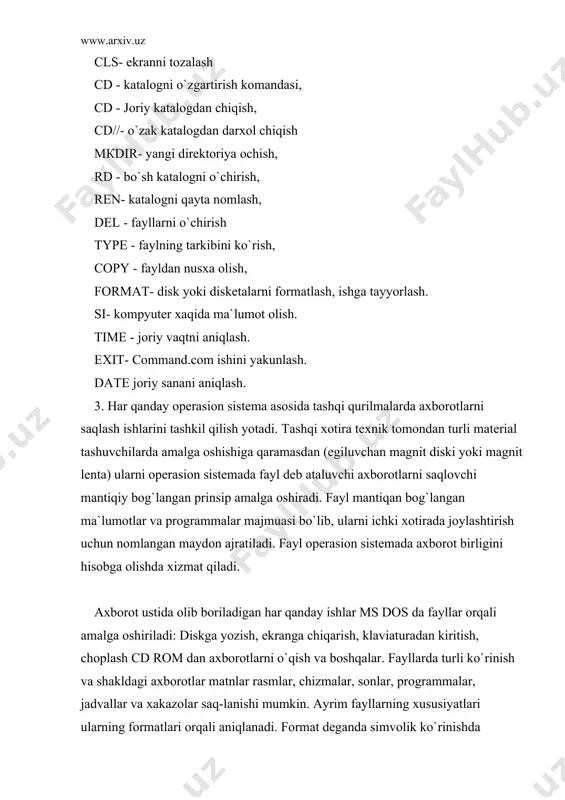 , raqamlar va quyidagi belgilardan foydalanish mumkin. (-), (-), $, &, @, #, !, %, ( ), { }. fayl nomi uzunligi 8 belgidan, kengaytma esa 3 belgidan oshmasligi lozim. ajralib turish uchun fayl nomi bilan kengaytmasi orasiga nuqta qo`yiladi. command..com autoexec.bat config.sys dip.txt faylga kengaytma qo`yish shart emas. ammo ko`pgina dasturlar shu dasturda belgilangan kengaytmani fayllarni yaratadilar. . txt – matn fayli. . dos - dasturga oid ko`rsatma winword da tekstlar. . bas - beysik tilidagi dastur. . pas - paskal tilidagi dastur. . exe - bajariladigan fayl. . com - komandali bajariladigan fayl. . bat - buyruq fayli. . sys - sistemali fayl. aksariyat matn muharrirlari .bak kengaytmasidan fayl nusxalari uchun foydalaniladi. fayl kengaytmasi qanday bo`lishidan qatiy nazar taxrir va o`zgartirishlardan so`ng yozilgan fayl bilan birgalikda faylning avvalgi ko`rinishi .bak kengaytmasi bilan saqlanadi. ya`ni taxrir va o`zgartirishlar noo`rin bajarilgan bo`lsa, faylning avvalgi xolatiga qaytish imkoniyati mavjud. кataloglar (direktoriya) …