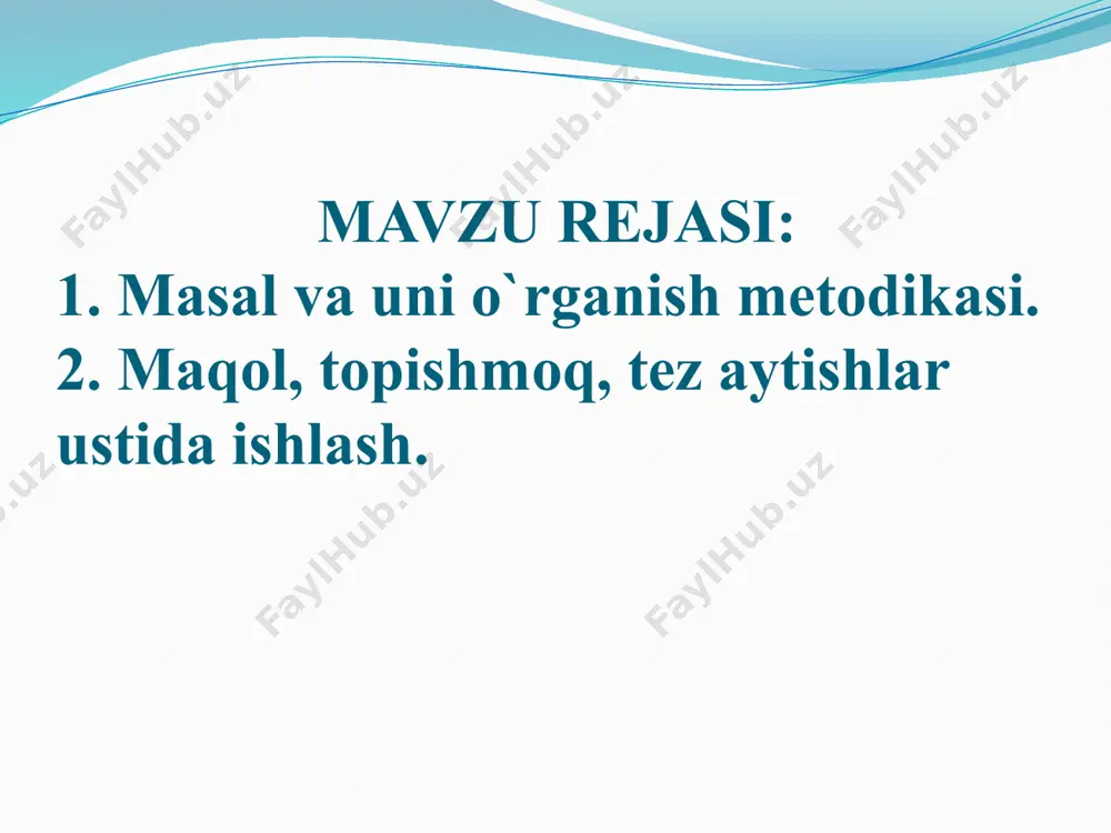 irish (tanlab o`qish, so`z bilan va grafik tasvirlash, savollarga javob berish); d) masalning aniq mazmunidan kelib chiqib, undagi asosiy fikrni belgilash; e) krossvordlar, ta’limiy o`yinlar, topishmoqlardan foydalanib, masal mazmuni va g`oyasini o`zlashtirish. 4. allegoriyani ochish. 5. axloqiy xulosa aks ettirilgan qismni tahlil qilish. 6. hayotda uchragan shunga o`xshash hodisalarga taqqoslash. 7. uyga vazifa berish. maqol turmush tajribalari zaminida tug`ilgan va xalq donoligini ifodalagan qisqa, ko`pincha she’riy shakldagi hikmatli so`zlar, chuqur ma’noli iboralardir. maqollar xilma-xil mavzularda bo`lib, hayotning turli masalalarini qamrab oladi. maqol xalq og`zaki ijodining juda qadimiy shakllaridan bo`lib, unda xilma-xil badiiy ifoda vositalari bo`ladi. savod o`rgatish davridayoq o`quvchilar maqollarni o`qiydilar. alifbe davrida berilgan maqollar matn mazmuni bilan bog`liq bo`lib, ular matn g`oyasini o`quvchilarga lo`nda, aniq yetkazish uchun ham xizmat qiladi. masalan: 1-sinf “ona tili o‘qish savodxoligi” 50-bet maqollarni yozing. ma’nosini tushuntiring. yoz mevasi – qish xazinasi. g‘oz kelgani – yoz kelgani. yomg‘ir – ekinning joni. toza havo – ming …
