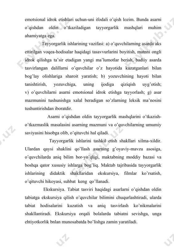 arni yaxlit idrok qilish maqsadida magnitofon lentasiga yozuvdan, filmdan foydalanish ham mumkin. ba’zi matnlarni musiqa sadosi ostida ifodali o’qib berish dam maqsadga muvofiq. bu asarning ta’sirini kuchaytiradi, o’quvchilarning estetik tomondan rivojlanishiga imkon beradi. asar birinchi marta o’qilgandan so’ng o’tkaziladigan suhbat, birinchidan, o’quvchilarga qanday ta’sir etganini bilish, ikkinchidan, bolalarni matnni tahlil qilishga qiziqtirish bilan darsda faol ishlashga sharoit yaratish maqsadini ko’zda tutadi. tahlil jarayonida matn ustida ishlashning quyidagi turlaridan foydalaniladi: tanlab o’ q i sh. bunda o’quvchi matnning berilgan vazifaga mos qismini o’qiydi. vazifa asarning faktik mazmunini oydinlashtirish, sabab-natija bog’lanishini belgilash, badiiy xususiyatlarini ochish, o’qilgan matnga o’z shaxsiy munosabatini ifodalashdan iborat bo’lishi mumkin. matn ustida ishlashda keng tarqalgan ish turlaridan biri berilgan savolga o’z so’zi bilan javob berishdir. mashqning bu turi o’quvchilarda o’qilganlar yuzasidan muhokama yuritish ko’nikmasini o’stirishga, qatnashuvchi shaxslarni baholashga, muallif tasvirlagan hayotiy lavhalar bilan asar g’oyasi o’rtasidagi bog’lanishni aniqlashga imkon beradi. matnni tasvirlash matn ustida ishlashda katta ahamiyatga ega …