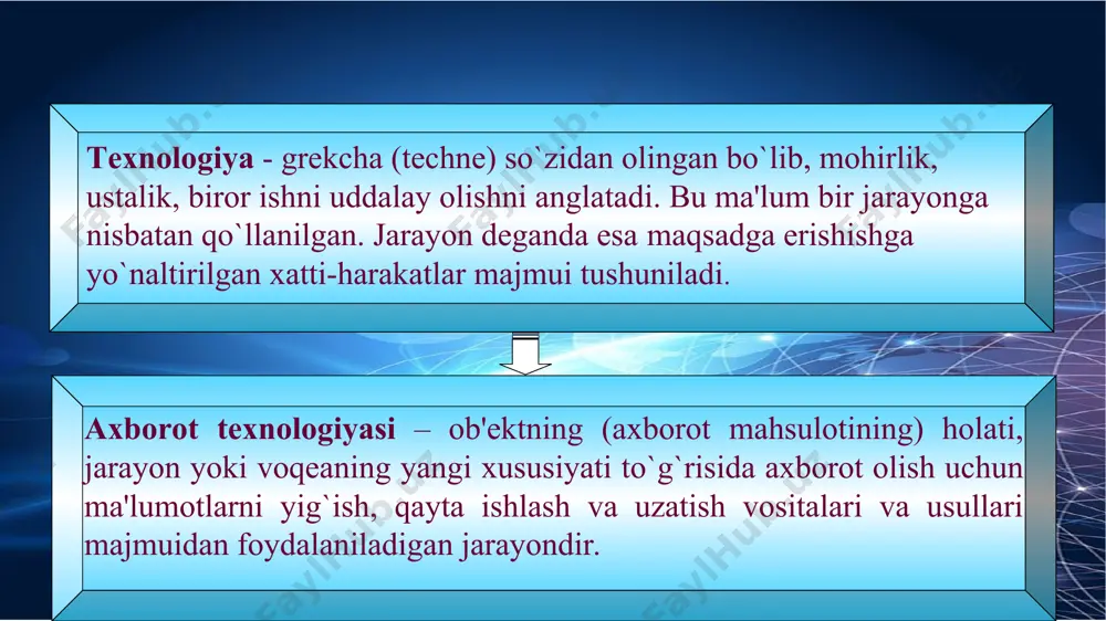 perativ xotira va protsessor o`rtasida joylashgan tezkor xotira. muammo – protsessorning takt tezligi operativ xotiraning takt tezligidan sezilarli darajada yuqori, shuning uchun protsessor ma'lumotlarini uzatilishini kutadi. kesh-xotira oxq oxq o`qish– avval kesh. agar kerakli katak allaqachon keshda bo'lsa, u keshdan olinadi (tezkor). sekin tez * * simm, dimm sdram, ddr, ddr2, ddr3 operativ xotira oxq (озу) = operativ xotira qurilmasi ram = random access memory 128 mb dan yuqori doimiy xotira dxq (пзу) = doimiy xotira qurilmasi rom = read only memory (faqat o`qish uchun) 64 kb – mikrosxema bios (ushbu kompyuterning sozlamalari) * * operativ xotira doimiy xotira tokdan uzilganda axborot o`chirib yuboriladi axborot saqlanadi axborotni o`zgartirish mumkinmi? o`qish va yozish (ram) faqat o`qish (rom) axborot uzatish tezligi yuqori past * * optik disklarni o`qish va yozish uchun moslama - diskovod 52x yumshoq magnit disklar uchun diskovod aylanish tezligi 300 оb/min ma`lumot uzatish tezligi 63 кb/sek diskovod cd-rw 52 …