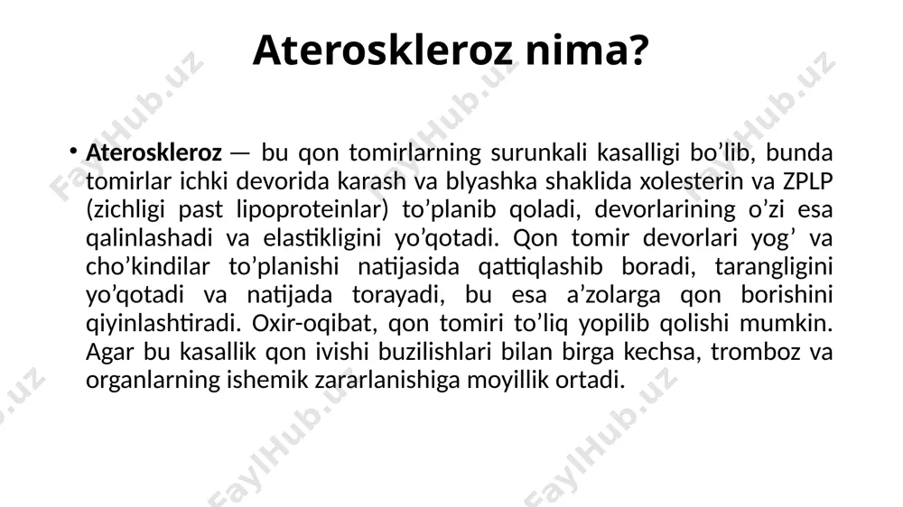 hlanayotgan bo’ladi, shuning uchun kasallikning muayyan ko’rinishi kuzatilmaydi. a’zolarning qon bilan ta’minlanishi va faoliyati bilan bog’liq asosiy muammolar arteriya bo’shlig’ining yarimidan ko’prog’i yopilganda boshlanadi. yurak yurakdagi og’riq 75% holatlarda namoyon bo’ladi. ateroskleroz toj tomirlarga ta’sir qiladi va miokardga kislorod va ozuqa moddalari borishini yomonlashtiradi. yurak oziqlanish intensivligining o’zgarishiga o’ta sezgir bo’lgan organlardan biridir. bu hususiyat bo’yicha faqat miya undan ustun turadi. kasallik alomatlari darhol rivojlanadi, bemorning his-tuyg’ularini to’g’ri talqin qilish muhimdir. alomatlar davriy ro’y beradi va quyidagilarni o’z ichiga oladi: ko’krak sohasidagi og’riq. bosadigan, o’tmas, kuchayib-so’nadigan yoki yonish hissi kabi bo’ladi (bu ishemik jarayon uchun xos alomatlar). og’riq kurak, chap yelka, bilak va barmoqlarga tarqaladi (qon aylanish tizimining butun uzunligi bo’ylab); ko’krak qafasida bosim hissi (go’yoki ko’krak qafasiga og’ir yuk qo’yilgandek); nafas olish paytida og’riqli hislar (nafas chiqarishda ham); nafas olish buzilishlari. kamdan-kam hollarda yurak toj tomirlarning aterosklerozi quyidagi alomatlar bilan namoyon bo’ladi: chap tomon pastki jag’, quloq, bo’yin sohasida …