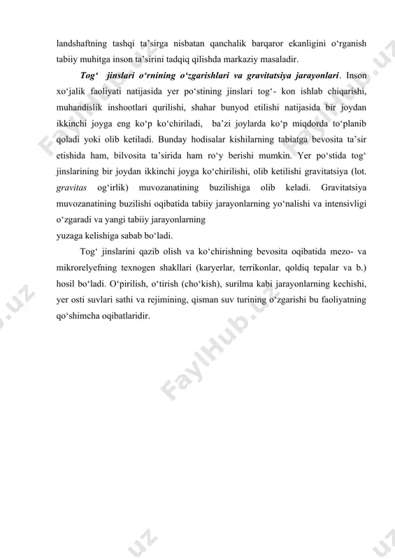 i suvlari sathi va rejimining, qisman suv turining o‘zgarishi bu faoliyatning qo‘shimcha oqibatlaridir. adabiyotlar: 1. karimov i. o‘zbekiston xxi asr bo‘sag‘asida: xavfsizlikka tahdid, barqarorlik shartlari va taraqqiyot kafolatlari. t., 1997. 2. abdullayev s.i. atrof muhit haqida ta’limot. qarshi, 2000. 3. baratov p. tabiatni muhofaza qilish. t., 1991. 4. geografiya va tabiiy resurslardan foydalanish (ilmiy konferensiya materiallari). t., 2001. 5. zokirov sh.s. antropogen va amaliy landshaftshunoslik. t., 1998. 6. pafiqov a.a. geoekologik muammolar. t., 1997. 7. pafiqov a.a., azimov sh. amaliy geografiya. t., 2000. 8. g‘ulomov p.n. geografiya va tabiatdan foydalanish. t., 1985. 9. g‘ulomov p.n. inson va tabiat. t., 1990. g‘ulomov p.n. o‘zbekistonda tabiatdan foydalanishning geografik asoslari. t., 1990.