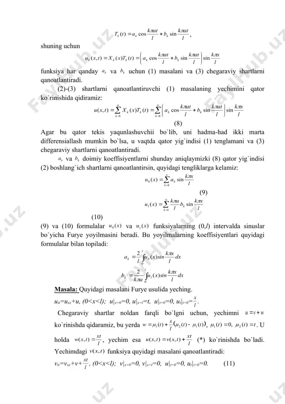l const = l 0 ) ( , 0 ) 0 ( = = l x x ,... 2 , 1 2 = ÷ ø ö ç è æ = k l k k p l l kx x x k p sin ) ( = k l l = t l a k k k e a t t 2 ) ( ÷ ø ö ç è æ - = p l x k e a t t x x t x u t l ka k k k k p p sin ) ( ) ( ) , ( 2 ÷ ø ö ç è æ - = = k a å å ¥ = ÷ ø ö ç è æ - ¥ = = = 1 1 sin ) ( ) ( ) , ( 2 k t l ka k k k k l x k …