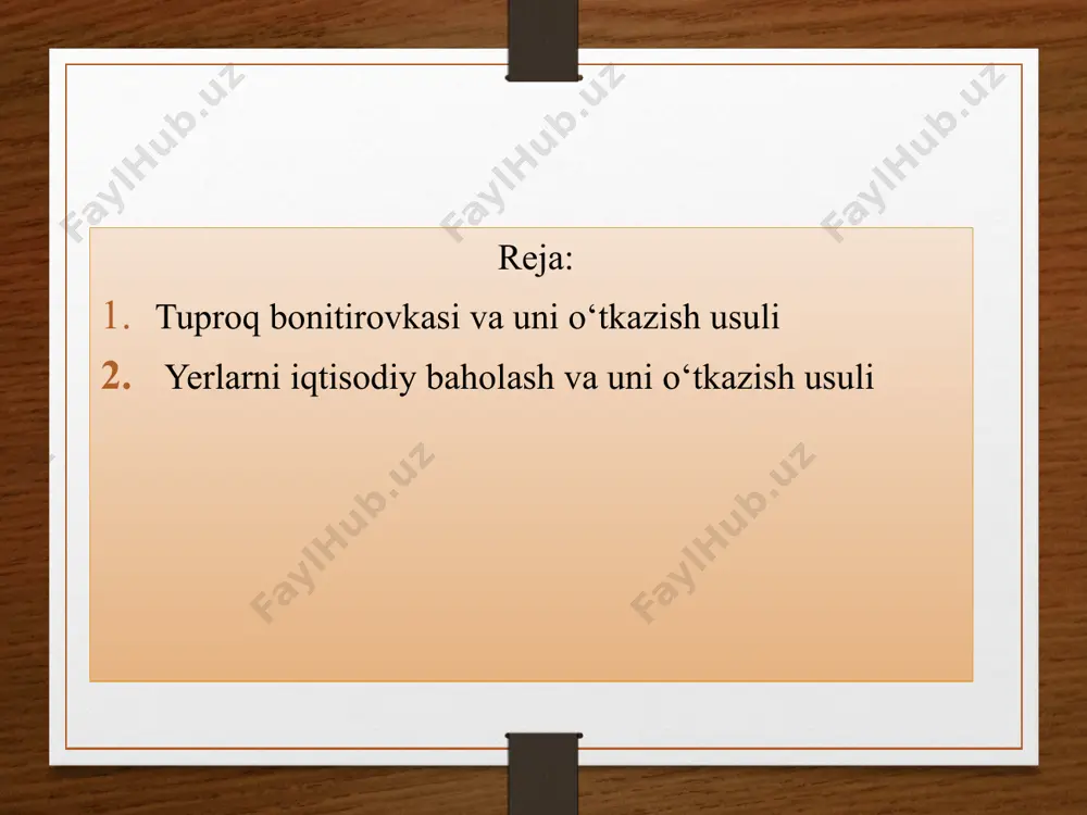 bo‘linadi. iqtisodiy baholashda esa yerning tabiiy sifati va ishlab chiqarish ko‘rsatkichlari uning tabiiy - iqtisodiy sharoitlariga mos ravishda hisobga olinadi. ularning o‘zaro bog‘liqligi shundan iboratki, tuproqlarni bonitirovka qilish natijalari yerlarni iqtisodiy baholashda asos sifatida olinadi. qayd qilish zarurki, respublikamiz iqtisodiyot tarmoqlarida, jumladan qishloq xo'jaligida bozor munosabatlarini rivojlanib borayotganligi mavjud yer maydonlarini iqtisodiy jihatdan me’yoriy baholash zaruriyatini tug‘dirdi. qishloq xo‘jalik yerlarini me’yoriy baholash natijalari asosan shirkat xo‘jaliklarini fermer xo‘jaliklariga aylantirish, yer solig‘i stavkalarini aniqlash, belgilangan me’yorda ajratilganidan tashqari qishloq joylarida uy-joy qurish va dehqon xujaligiga yer berish, bank tomonidan kredit berish, yer uchastkalarini kim oshdi savdosi (auksionlar) orqali sotish uchun boshlang‘ich bahosini belgilash hamda qonunda ko‘zda tutilgan boshqa hollar uchun qo‘llaniladi қишлоқ хўжалиги экин майдонларининг норматив қийматини аниқлаш ўзбекистон республикаси вазирлар маҳкамасининг 2014 йил 18 августдаги 235-сонли “қишлоқ хўжалиги экин майдонларининг норматив қийматини аниқлаш тизимини такомиллаштириш тўғрисида”ги қарори билан тасдиқланган “қишлоқ хўжалиги экин майдонларининг норматив қийматини аниқлаш тартиби тўғрисида низом”га асосан …