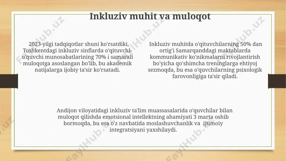 ydilar, bu esa toshkentdagi oliy o'quv yurtlarida o'qitilgan pedagogika nazariyalari bilan bog'liq. o'quv jarayonida talabalarning 70% ga yaqini vizual fikrlash uslubiga ega bo'lib, ular samarqanddagi darslarda ko'rgazmali qurollardan samarali foydalanish orqali yaxshiroq o'rganishadi. e'tibor va tinglash ko'nikmalari pedagogika sohasidagi mutaxassislarning fikricha, toshkent shahridagi 200 nafar o'qituvchi bilan o'tkazilgan so'rovnoma natijalariga ko'ra, emotsional aql va faol tinglash o'rtasida kuchli korrelyatsiya mavjud. e'tibor va tinglash ko'nikmalari bo'yicha o'tkazilgan 5 yillik tadqiqotlar natijalariga ko'ra, andijon viloyatida o'qituvchilarning atigi 35% o'quvchilarning noverbal signallarini to'g'ri talqin qilish ko'nikmasiga ega. o'qituvchilarning 70% dan ortig'i samarqanddagi tadqiqotga ko'ra, e'tiborni jamlash va faol tinglash ko'nikmalarini yaxshilashga ehtiyoj sezadi, bu o'quvchilar bilan samarali muloqotga to'sqinlik qiladi. fikr almashish va muhokamada qatnashish o'zbekistonning qishloq hududlaridagi maktablarda o'tkazilgan so'rovnomalar shuni ko'rsatdiki, fikr almashish madaniyati 20% ga yaxshilanishi o'quvchilarning o'ziga ishonchi va muloqot ko'nikmalarini 15% ga oshiradi. muhokamada 3 dan ortiq ishtirokchi bo'lganda, toshkentdagi pedagogika institutining kuzatuvlariga ko'ra, samarali fikr almashish uchun …