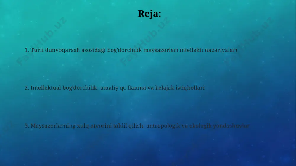 ing an'anaviy bog'dorchiligi, o'simliklarning o'zaro ta'siri va atrof-muhit bilan uyg'unlashuvi haqida turlicha tushunchalar mavjud bo'lib, bu o'tlarning "intellekti"ni talqin qilishda farqlarni keltirib chiqaradi. avstraliyaning aborigen xalqlari yer bilan chuqur bog'liqlikka ega bo'lib, 50 000 yildan ortiq davom etgan o'tlarni boshqarish usullarida ularning o'sish tsikllari va muhitga moslashuvchanligi haqidagi chuqur bilim namoyon bo'ladi, bu esa o'tlarning "sezgirligi"ga ekologik nuqtai nazardan qarashni ko'rsatadi. falsafiy asoslar 15-асрдаги марказий осиёдаги "боғдорчилик китоблари"даги 12 та ёндашувдан 2 таси "атроф-муҳит билан уйғунлик" ғоясига, 10 таси эса аниқ натижага йўналтирилган фалсафий тамойилларга асосланган. ўзбекистондаги анъанавий боғдорчилик тажрибаси кўрсатишича, 70% дан ортиқ ҳосилдорлик сув ва тупроқ билан боғлиқ бўлган 3 та муҳим фалсафий омилга боғлиқ. бутунжаҳон тарихи бўйлаб 3000 дан ортиқ турли хил ўсимлик турларининг ўсиши ва ривожланишига таъсир кўрсатувчи 5 та асосий фалсафий ёндашув мавжуд бўлиб, уларнинг 2 таси хитой ва 3 таси европа фалсафасига мансубдир. antropologik yondashuv markaziy osiyo, xususan, o'zbekistonning 2000 yillik tarixiga ega bo'lgan …