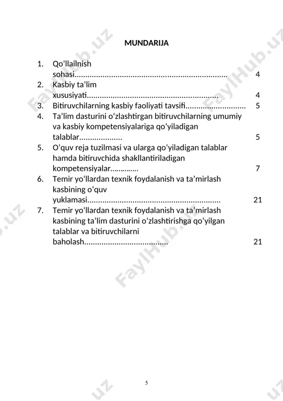 kompetensiyalar t/r fan (modul) nomi bitiruvchi o‘zlashtirishi lozim bo‘lgan bilim va ko‘nikmalar shakllantirila-digan kompetensiyalar bilimlar ko‘nikmalar umumkasbiy fanlar bloki 1. muhandislik va kompyuter grafikasi – cad tizimidagi maxsus dasturlarda ishlashni; – chizmachilik va geometriya asoslarini; – konstruktorlik hujjatlari yagona tizimi (eskd) talablarini; – ishchi chizmalar va eskizlarni chizmalarini bajarishni; – ishlov beriladigan detallar sxemalari va grafiklarini o‘qish; - kasbga doir texnik jihozlarni elementlarining chizilish tartibi bilish; - texnika jihozining tuzilish sxemasi bilish; - prinsipial sxemaning chizilish tartibi bilish; - elementlarni prinsipial elektr sxemadagi chizilish tartibini bilish. – texnik chizmalarni, sxemalar va grafiklarni o‘qishni va maxsus dasturlarda (cad) chizish; – maxsus dasturlarda (cad) ishlov beriladigan detallarni eskizlarini chizishni, ularda qirqim va kesimlarni tasvirlash; – chizmalarda o‘lchamlar qo‘yishni, ularda o‘lchov aniqligi va yig‘ish talablari (dopusk va posadkalar)ni qayd etish; – texnik adabiyot va ma’lumotnoma-lardan foydalanish; – yig‘ma chizmalarni, sxemalarni o‘qish; - temir yo‘l transporti qurilma, uskuna va jihozlari elementlarini chizishni o‘zlashtirish; - …
