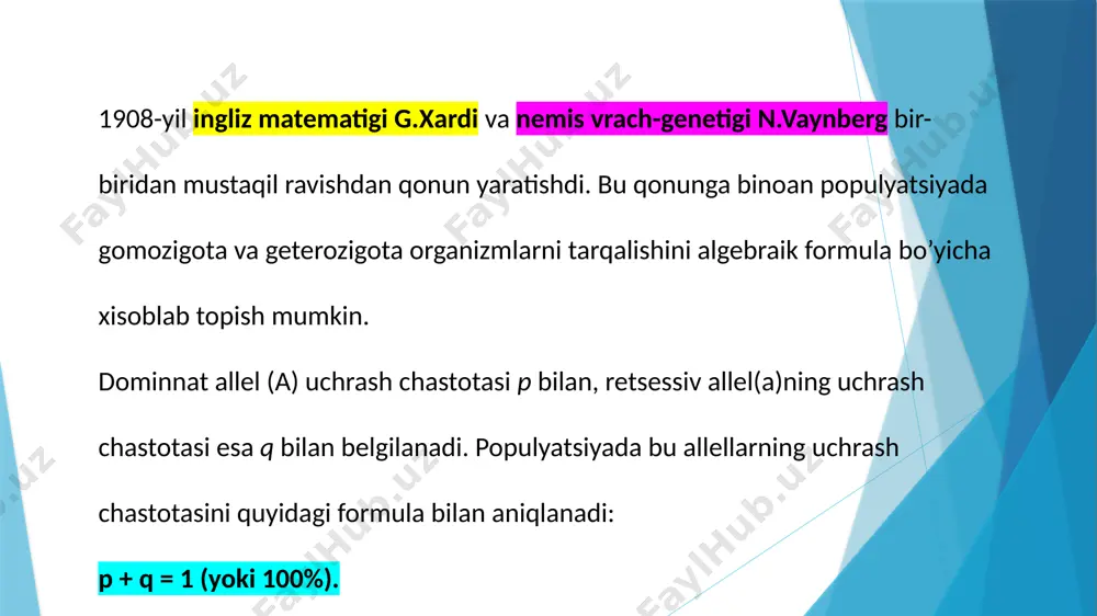 li organizmlar sonini toping yechimi demak 1 + 1,5 = 2,5 (jami) 2,5 ------- 100 % 1 ------- x x = 40 % a 2,5 ------- 100 % 1,5 ------- x x = 60 % a aa genotipi fozini topamiz 0.6 x 0,6 = 0,36 yoki 36 % 100 % ------ 1000 ta 36 % ------ x x = 360 ta aa aa genotipi fozini topamiz 2 x 0.6 x 0,4 = 0,48 yoki 48 % 100 % ------ 1000 ta 48 % ------ x x = 480 ta aa aa genotipi fozini topamiz 0.4 x 0,4 = 0,16 yoki 16 % 100 % ------ 1000 ta 16 % ------ x x = 160 ta aa quyonlar qulog`ining uzun bo`lishi a, kalta bo`lishi a genga bog`liq. quyonlar populatsiyasida 1000 ta quyon bor va ularning 360 tasi qulog`i kalta bo`lsa a va a geni foizini toping yechimi aa va aa – …