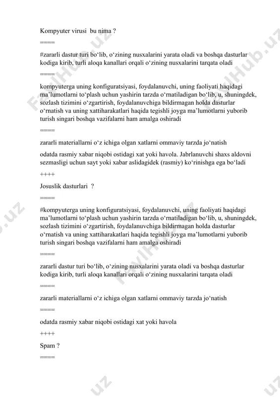 holda dasturlar o‘rnatish va uning xattiharakatlari haqida tegishli joyga ma’lumotlarni yuborib turish singari boshqa vazifalarni ham amalga oshiradi ==== zararli dastur turi bo‘lib, o‘zining nusxalarini yarata oladi va boshqa dasturlar kodiga kirib, turli aloqa kanallari orqali o‘zining nusxalarini tarqata oladi ==== ++++ kompyuter virusining asosiy maqsadi nima? ==== #kompyuterni ishdan chiqarish, fayllarni o‘chirish, foydalanuvchi ishini to‘sish kompyuterga uning konfiguratsiyasi ==== zararli materiallarni o‘z ichiga olgan xatlarni ommaviy tarzda jo‘natish ==== odatda rasmiy xabar niqobi ostidagi xat yoki havola ++++ gedonizm qanaqa so’zdan olingan va nima manoni bildiradi? ==== #qadimgi yunoncha “zavq” ==== qadimgi xitoycha “dard” ==== qadimgi lotincha “shavq” ==== qadimgi yaponcha “hursandchilik” ++++ nechanchi yilda garvard biznes maktabi mustaqil tashkilot sifatida garvard business publishing (hbp) ni yaratdi? ==== #1994-yil ==== 1997-yil ==== 1998-yil ==== 1999-yil ++++ globallashuv so’zi qaysi tildan olingan va nima degan ma’noni bildiradi ? ==== qirg’izcha “globalizatsiya” dumaloqlashuv,quralashuv ==== #lotincha “globalizatsiya” dumaloqlashuv,quralashuv ==== forscha “globalizatsiya” dumaloqlashuv,quralashuv …
