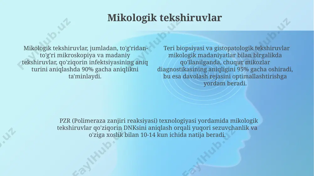 a bog'liq. ba'zi antifungal dorilar, masalan, itrakonazol, 100-200 mg dozalarda kuniga bir marta yoki ikki marta qabul qilinishi mumkin, ammo aniq dozani shifokor belgilashi kerak. dorilarning antifungal ta'siri qo'ziqorin hujayralarining ergosterol sintezini 80% gacha inhibe qilish orqali amalga oshiriladi, bu esa ularning hujayra membranasining buzilishiga va o'limiga olib keladi. sistemali antifungal terapiya баъзи грибокка қарши системли препаратлар, масалан, амфотерицин в, терапевтик самарага эришиш учун 2-6 ҳафта давомида юқори дозаларда қўлланилади. итраконазол ва флуконазол каби оғиз орқали қабул қилинадиган грибокка қарши дорилар тери ва соч микозларининг эндемик шаклларини даволашда самарали бўлиши мумкин. системли терапиянинг самарадорлигини аниқлаш учун микологик текширувлар, жумладан, қон ва тўқималарнинг микологик таҳлили мунтазам ўтказилиши керак. mikozlar bilan bog'liq alopesiya mikozlarning 20% dan ortig'i soch to'kilishiga (alopesiyaga) olib kelishi mumkin, bu esa dermatofitlar, dimorfik zamburug'lar va boshqa patogenlarning boshi terisiga ta'sir etishi bilan bog'liq. alopesiyaga olib keluvchi chuqur mikozlarning davolash rejimlari, masalan, sporotrixozni davolash, odatiy holda 3-6 oy davom …
