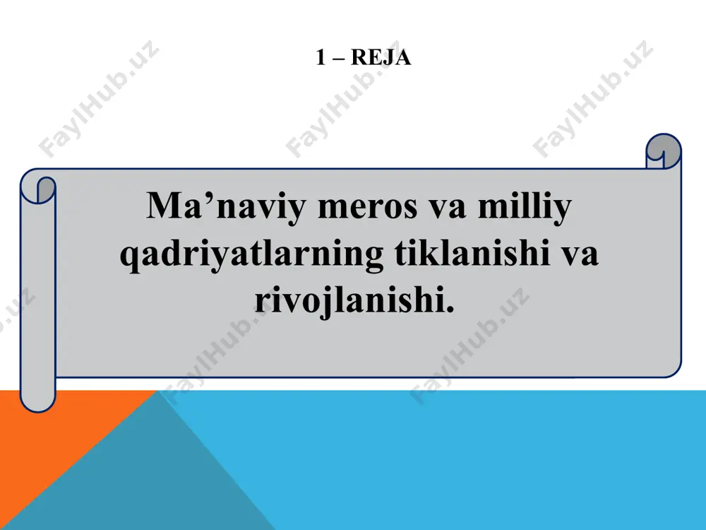 biri „navro‘z“ bayramidir. qaramlik davrida mana shu ardoqli bayramni nishonlash ham taqiqlangan edi. 1990- yildan boshlab o‘zbekiston hukumatining qarori bilan 21- mart „navro‘z“ milliy xalq bayrami kuni sifatida belgilanib, dam olish kuni deb e’lon qilindi. xalqimiz navro‘z kunlarida hasharlar uyushtirib, dalalarga ko‘chatlar ekish, ko‘chalarni tozalash tadbirlarini, turli ommaviy o‘yinlar, poyga musobaqalari, sayllar uyushtiradilar, yetim-yesirlarga va nogironlarga yordam berib, marhumlar qabrlarini ziyorat qiladilar. 9 1994- yil 23- apreldagi prezident farmoni asosida tashkil etilgan respublika „ma’naviyat va ma’rifat“ jamoatchilik markazi o‘zbek xalqining ma’naviy-madaniy merosini tiklash, millat kelajagini belgilaydigan g‘oyalarni yuzaga chiqarish, yuksak iste’dod va tafakkur sohiblarining aqliy-ijodiy salohiyatini vatan ravnaqi sari yo‘naltirishga qaratilgan muhim tadbirlar, anjumanlar, ko‘rgazmalar tashkil etishni yo‘lga qo‘ydi. markaz tomonidan aholi orasida o‘tkazilgan sotsiologik tadqiqotlar, so‘rovlar asosida ishlab chiqilgan ma’naviy-ma’rifiy ishlarni tashkil etish bo‘yicha tavsiyalar jamoat birlashmalari, ilmiy-ijodiy muassasa va tashkilotlar, ommaviy-axborot vositalarining ma’naviy-tarbiyaviy faoliyati saviyasini yaxshilashda muhim ahamiyat kasb etdi. 1996- yil 9- sentabrda qabul qilingan „ma’naviyat va …