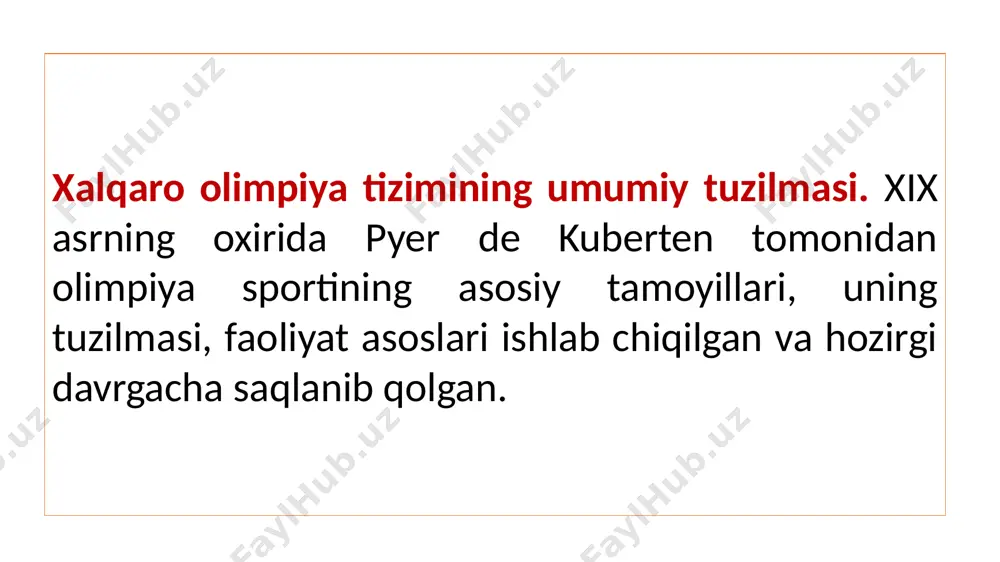 zmuni beshta bobdan iborat bo‘lib, i–“olimpiya harakati”, ii–“xalqaro olimpiya qo‘mitasi”, iii–“xalqaro sport federatsiyalari”, iv–“milliy olimpiya qo‘mitalari”, v–“olimpiya o‘yinlari” masalalariga oid moddalar berilgan. xartiyaning i-bobida xoq ning maqsadi, umumiy vazifalari va roli, sport tashkilotlarining olimpiya harakatiga doir vakolatlari, olimpiya kongressining tuzilmasi, olimpiya harakatining asosiy tushunchalari, olimpiya ramzlarining mohiyati va huquqlariga oid masalalar bayon etilgan. ii-bobda xoq ning yuridik mavqei, xoq a’zoligiga saylash huquqlari, xoq a’zolarining majburiyatlari va vazifalari, xoq ning tashkiliy tuzilmasi – asosiy organlari sessiya, ijroiya qo‘mita, prezident, ularning vakolatlari to‘g‘risida masalalar yoritilgan. iii-bobda xalqaro sport federatsiyalarining olimpiya harakatidagi roli, ularni xoq tomonidan tan olinishiga qo‘yilgan talablar belgilangan. iv-bobda milliy olimpiya qo‘mitalarining olimpiya harakatiga doir vakolati va mavqei, ularning tarkibi, xoq tomonidan tasdiqlanishiga qo‘yilgan talablar belgilab berilgan. v-bobda to‘rtta bo‘limlar mavjud bo‘lib, ularning mazmuni “olimpiya o‘yinlarining ma’muriyati va ularni tashkil qilish”, “olimpiya o‘yinlarida ishtirok etish qoidalari”, “olimpiya o‘yinlarining dasturi”, “bayonnoma” kabi masalalarga bag‘ishlangan. olimpiya xartiyasi, “olimpizmning asosiy tamoyillarini va qadr-qimmatlarini” …