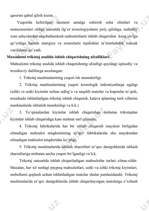 i, parallel joylashgan tanda iplarining butun bir tizimini bir vaqtning o’zida ignaga qo’yilishi va uni egilishidan hosil qilinadi. trikotajning ikki turi: bir va ikki qavatli trikotaj mavjuddir. bir qavatli trikotaj bir ignadonli (bir fonturali) mashinalarda, ikki qavatli trikotaj esa ikki ignadonli (ikki fonturali) mashinalarda to’qiladi. ikki qavatli trikotaj to’qimasi bir yuzli, ikki yuzli va ters (orqa) tomonli to’qimalarga bo’linadi. 1.2, a-rasmda bir qavatli ko’ndalangiga to’qilgan to’qima halqalarining tuzilishi va 1.2, b-rasmda bo’ylamasiga to’qilgan trikotaj halqalarining tuzilishi tasvirlangan. rasmda ko’rsatilgan to’qimaning har bir halqasi halqa asoslari va halqa asoslarini birlashtiruvchi qismdan tashkil topgan. unda 1-2-3-4-5 halqa asosi ikki to’g’ri kesmalardan, yoki tayoqchalardan (1-2 va 4- 5) va yarim aylana yoki igna ustida hosil qilingan 2-3-4 yoydan iborat deb qabul qilingan. ko’ndalangiga to’qilgan trikotaj halqasining 5-6-7 platina yoyi yoki yarim aylana ko’rinishidagi qismi bitta halqalar qatoridagi qo’shni halqalar asoslarini birlashtiradi. 1.2-rasm. trikotaj to’qimalarining tuzilishi bo’ylamasiga to’qilgan trikotaj to’qimasi halqasining 5-6 halqalar asoslarini …