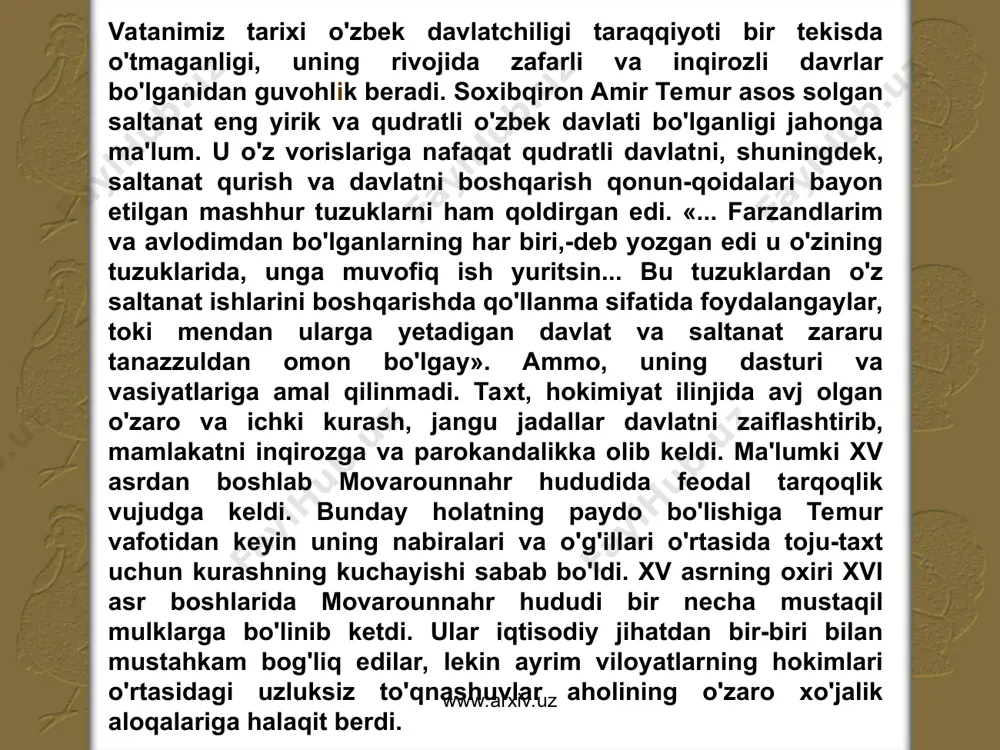 atrofidagi viloyatlar aslida o'zaro qaramlik munosabatlar bilan bog'liq mustaqil siyosiy tuzulmalar edi. temuriylar movarounnahrning poytaxti samarqandga da'vogar bo'lgan mustaqil hokim, toshkent hokimi edi. xorazmda ham mustaqillikka da'vogar bo'lgan sufiylar sulolasining vakili hukmronlik qilar edi. ayrim hukmdorlar o'z qo'shinlarining yerlarini bosib olish hisobiga o'z yerlarning kengaytirish poyidan bo'lib yurishlari muvaffaqiyatsiz chiqqanda talab olingan mollar bilan cheklanishardi. xv asrning oxirlarida feodallarning bir-biriga qarshi chiqishlari ancha keskinlashdi. movarounnahrda tarkib topgan beqaror siyosiy vaziyat shayboniyxonning bosqinchilik yurishlari uchun qulay bo'ldi. o'zaro nizolardan foydalanib u janub tomon muvaffaqiyatli siljib borar edi. movarounnahr aholisi shayboniyxon qo'shinlari harakatiga turlicha qarashardi. ularning ayrimlari bosqinchilarga zarba berish uchun butun kuchlari sarflashga tayyor bo'lib o'z shahar va qishloqlarni fidikorona himoya qilishar, ayrimlar esa hukmdorlar­ning o'zgarishi va baquvvatroq hokimiyatning o'rnatilishi, shahar va qishloqlar­da nizolar va tartibsizliklarni to'xtatilishiga yordam beradi deb umid qili­shar­di. ularning ko'plari shayboniyxon buxoro va samarqandda bo'lgan paytda u bilan tanishgan edilar. ayrim temuriylar ham bosqinchilarning qo'shinlariga qat'iy qarshilik …