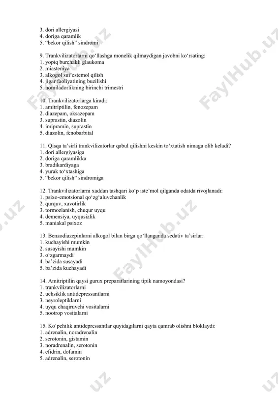 dan tashqari ko‘p iste’mol qilganda odatda rivojlanadi: 1. psixo-emotsional qo‘zg‘aluvchanlik 2. qurquv, xavotirlik 3. tormozlanish, chuqur uyqu 4. demensiya, uyqusizlik 5. maniakal psixoz 13. benzodiazepinlarni alkogol bilan birga qo‘llanganda sedativ ta’sirlar: 1. kuchayishi mumkin 2. susayishi mumkin 3. o‘zgarmaydi 4. ba’zida susayadi 5. ba’zida kuchayadi 14. amitriptilin qaysi gurux preparatlarining tipik namoyondasi? 1. trankvilizatorlarni 2. uchsiklik antidepressantlarni 3. neyroleptiklarni 4. uyqu chaqiruvchi vositalarni 5. nootrop vositalarni 15. ko‘pchilik antidepressantlar quyidagilarni qayta qamrab olishni bloklaydi: 1. adrenalin, noradrenalin 2. serotonin, gistamin 3. noradrenalin, serotonin 4. efidrin, dofamin 5. adrenalin, serotonin 16. antidepressantlarni qo‘llashga ko‘rsatmalarga kirmaydi: 1. depressiv holatlar 2. sotsial fobiya 3. asabli anoreksiya va bulemiya 4. somatoform buzilishlar 5. psixomotor qo‘zg‘aluvchanlik 17. odatda antidepressantlarning klinik ta’siri qanday muddatda rivojlanadi: 1. 2-3 haftadan so‘ng 2. 24 soatdan so‘ng 3. 2-3 soatdan so‘ng 4. 2-3 kundan so‘ng 5. 1 haftadan so‘ng 18. odatda uchsiklik antidepressantlar bilan davolash quyidagi dozadan boshlanadi: 1. 5-10 …