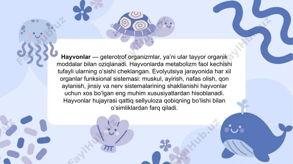 shoyoq va boshqalar) uyquga ketadi, qishga oziq-ovqat yig‘uvchi turli xil sichqonlar va kalamushlar inlariga kirib ketadi. shimoldan qishda punochka, oq kaklik, qutb boyqushi uchib keladi. bulardan tashqari, qishda bu yerlarda chopqir hayvonlardan oqquyruq ham yashaydi. bu yerda eng ko‘p tarqalgan hayvon turi yumronqoziqlardir. yumronqoziq bilan birga, chalacho‘llarda qo‘shoyoqlar, cho‘l olasichqoni, dala sichqoni, qum sichqoni, kalamush va ko‘rsichqon ham tarqalgan. chalacho‘llarning o‘zlashtirilmagan joylarida, betpaqdala, orolbo‘yi, shimoliy ustyurt, to‘rg‘ay o‘lkasi, balxashbo‘yida tuyoqli hayvonlar: oqquyruq, jayron, yovvoyi qo‘y, morxo‘r, qulon va boshqalar yashaydi. hasharotlardan chayon, qoraqurt va boshqa o‘rgimchaksimonlar ko‘p. сhalacho‘llardagi hayvonot olami issiqqa va suvsizlikka turlicha moslashgan. ba’zilari, umuman, suv ichmaydi, ba’zilari kechasi hayot kechiradi, ba’zilari salqin joylarda yashaydi, ba’zilari ildizlarni yeb, undagi suv bilan qanoatlanadi. foydalanilgan adabiyotlar: hayvonot-olami-v3.html wikipedia.org/wiki/hayvonlar image1.png image2.png image3.png image4.png image5.png image6.png image7.png image8.jpeg image9.png