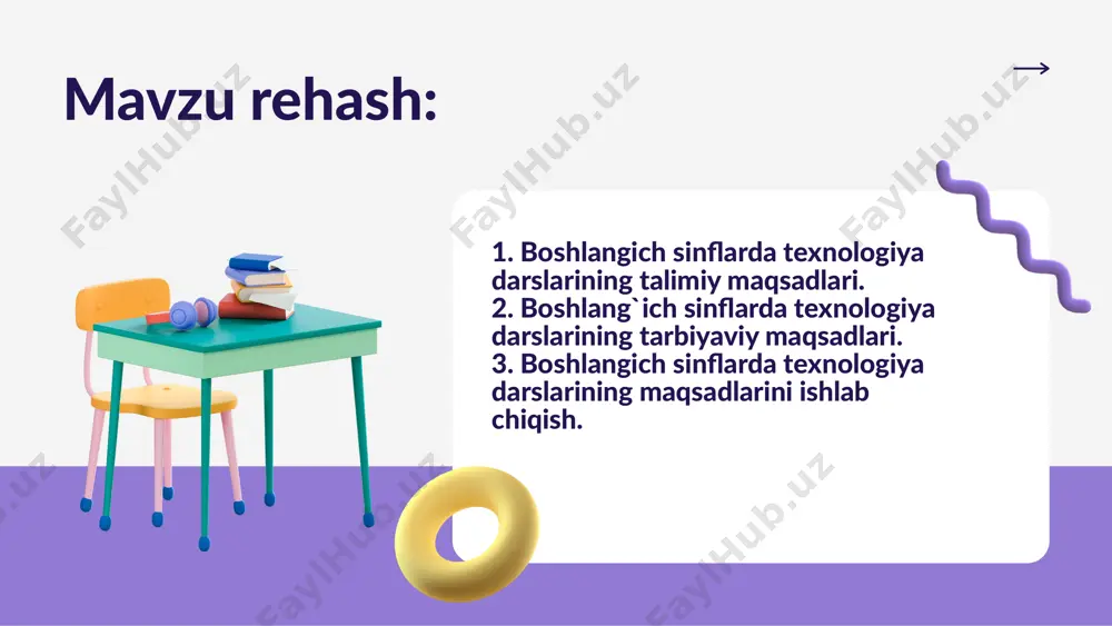logiyasi bilan tanishish ularga o'zgacha zavq bag'ishlaydi. tenologiya darslarida uyushtiriladigan sayohatlar davomida o'quechilar duradgorlik, chilangarlik, tikuvchilik hamda pazandachilik sohalarga oid ko plab kasb-hunarlar bilan tanishadilar. bu esa o'quechilarni kelajak hayotlarida shu kabi kasb-hunarlardan birini egallab, sohaning mohir mutaxassisi bo'lib yetishishlariga qiziqishlarini shishiga ham sabab bo' ladi. texnologiya darslarida "master-klass" larni tashkil qilish-dars jarayoniga ko'p yillik tajribaga ega, hunarmandlar, duradgor, tikuvchi va boshqa kasb egalarini taklif qilish. ularning hayotiy tajribasi bilan o'rtoqlashish. o'quchilarning qiziqgan savollariga javob olishi va ular bilan birgalikda ma'lum bir mehnat faoliyatini birgalikda bajarishi ular uchun untilmas jarayon va tajriba bo ladi. natijada o quechilar texnologiya darslarida ulardan organgan ish tajribalarini yodga oladi va amaliy darslarda o' zlarini sinab ko'rishadi. texnologiya darslarining ta’limiy va tarbiyaviy maqsadi o‘quv ishlarida mehnatga nisbatan ongli munosbatni shakllantirishdan iboratdir. mazkur maqsadni amalga oshirishda bir qator vazifalarni hal etish talab qilinadi. mehnat tarbiyasining tashkil etishda hal etuvchi vazifalar ko‘p qirrali bo‘lib, u o‘quvchilarning mehnat …