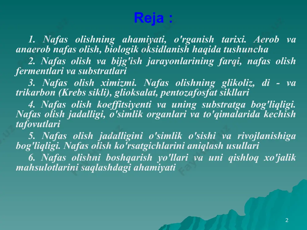 rsatib berdi. a.n.bax (1897) “asta-sekinglik bilan oksidlanishning peroksid nazariyasi”ni yaratdi. uning fikricha, havodan qabul qilib olingan kislorod to'g'ridan to'g'ri va bevosita organik moddalarni oksidlay olmaydi. chunki molekula shaklidagi kislorod “inert” birikma bo'lib, u faol atom holatiga o'tgandan keyingina organik moddalarni oksidlashi mumkin bo'ladi. 6 i.v.palladin 1911 yilda organik moddalarning anaerob sharoitda oksidlanish nazariyasini ishlab chiqdi. uning fikricha, tirik organizmlarda suv va organik moddalar tarkibidagi vodorodni ajratib oluvchi birikmalar bo'lishi kerak. o'ziga vodorodni biriktirib oluvchi moddalarni i.v.palladin “nafas olish pigmentlari” deb atadi. nafas olishda o'simliklar to'qimasidan yorug'lik ajralib chiqishini a.g.gurvich aniqlagan. 7 o'simliklarning ildizlari yoki urug'i suv ostida qolganda anaerob nafas olish jarayoni kuzatiladi. kislorodsiz nafas olishda o'simliklar to'qimasida spirt hosil bhlishini hisobga olib, akademik s.p.kostichev bu jarayonni anaerob nafas olish jarayoni deb atagan. suvda yashashga moslashgan o'simliklarda maxsus to'qimalarda to'plangan kislorod hisobiga nafas olish jarayoni to'xtovsiz davom etadi. 8 o'simliklarning hayvon va odamlarnikiga o'xshash maxsusnafas olish a'zolari mavjud emas, lekin …