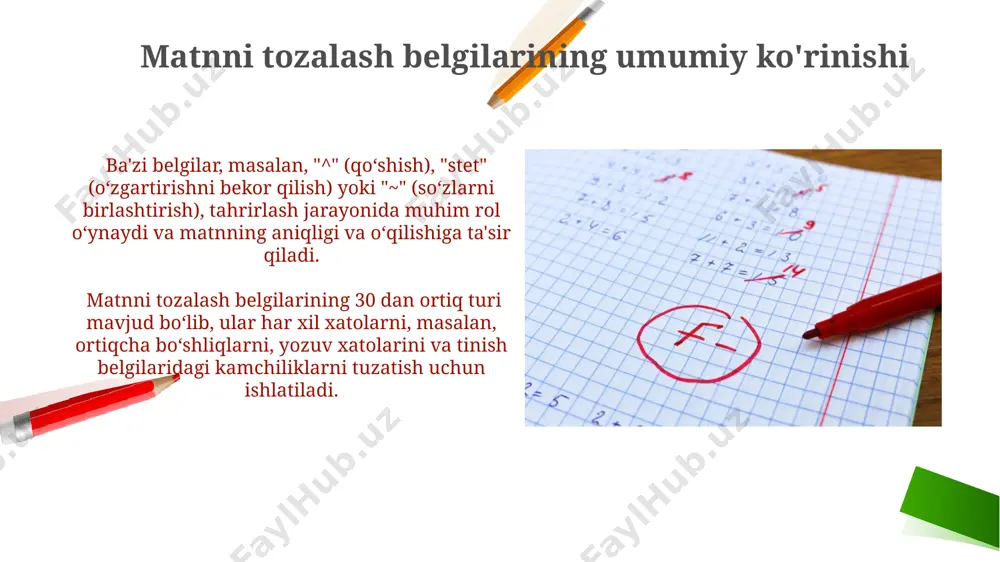 h belgilar o'chirish belgisi, masalan, ~ yoki ≡ belgilaridan foydalaniladi va keraksiz so'zlar yoki jumlalarni olib tashlash zarurligini bildiradi; bu belgi ostida 3-5 ta so'z o'chirilishi mumkin. matnning bir qismiga o'zgartirish kiritish zarur bo'lsa, o'chirish va qo'shish belgilari birgalikda qo'llaniladi. masalan, ~so'z≡ yangi so'z degan ma'noni bildiradi, bu erda 1 ta so'z o'chirilib, 1 ta so'z qo'shilgan. gaplar tuzilishini o'zgartirish belgilar ro‘yxatlar (raqamlangan yoki nuqtaga qo‘yilgan) elementlarining ketma-ketligini o‘zgartirish uchun “↑” yoki “↓” belgilaridan foydalaniladi, bu 3 va undan ortiq elementlarning o‘rnini almashtirishga imkon beradi. sarlavhalar darajasini (h1, h2, h3 va hokazo) o‘zgartirish uchun maxsus belgilar qo‘llaniladi, bu esa hujjat tuzilmasining mantiqiy ierarxiyasini o‘zgartirishga yordam beradi. masalan, h2 sarlavhasini h1 ga o‘zgartirish mumkin. rasm va jadvallar bilan ishlash belgilar rasm o'lchamlarini o'zgartirish zarurati bo'lsa, "⇵" belgisi bilan ko'rsatiladi va uning yoniga kerakli o'lchamlar (masalan, 10x15 sm) yoziladi. rasm yoki jadvalning noto'g'ri joylashuvi aniqlansa, "¶" belgisi bilan ko'rsatiladi va uning yoniga …