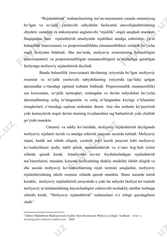 yonida yuzaga chiqishi mumkin bo‘lgan har qanday kutilmagan holatlarni ko‘ra olish qobiliyati hamdir. albatta, xo‘jalik yurituvchi subyekt o‘z faoliyatidagi barcha risklarga barham beraolmaydi. lekin u ana shu risklarni samarali oldindan ko‘ra bilish yordamida boshqarish imkoniyatiga ega. moliyaviy rejalashtirish amaliyotida quyidagi asosiy metodlardan foydalanish mumkin: · iqtisodiy tahlil metodi; · normativ metod; · balansli hisob-kitoblar va pul oqimlari metodi; · ko‘p variantlilik metodi; · iqtisodiy-matematik modellashtirish metodi; · va boshqa metodlar. moliyaviy rejalashtirish mamlakat milliy xo‘jaligini rejalashtirishning tarkibiy qismi bo‘lib, iqtisodiy rivojlanish rejasining ko‘rsatkichlariga tayanadi, moliya tizimi barcha organlarining faoliyatlarini muvofiqlashtirishga (koordinatsiya qilishga) yo‘naltiriladi. moliya tizimi alohida bo‘g‘inlarining nisbiy mustaqilligi quyidagilarni o‘zida aks ettiruvchi moliyaviy rejalarning ishlab chiqilishi zarurligini belgilab beradi: · pul fondlarini shakllantirish va ulardan foydalanish shakllari va metodlarining o‘ziga xosligi; · moliyaviy resurslarni tarmoqlar va hududlar bo‘yicha qayta taqsimlash. moliyaviy rejalashtirishning bosh obyekti rejada o‘zining miqdoriy ifodasini oladigan moliyaning bo‘g‘inlari(moliyaviy munosabatlar) hisoblanadi. pul fondlari mablag‘larining harakati yagona tizimga …