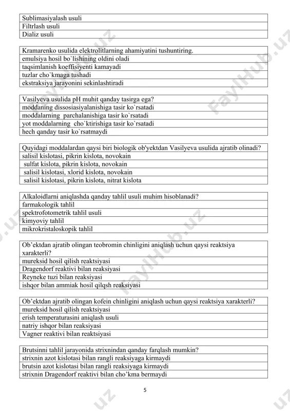 mumkin? nessler reaktivi bilan bushard reaktivi bilan sheybler reaktivi bilan diazotirlangan sulfanil kislota bilan kishi alkaloid bilan zaharlanganda tirishish holati yuz berdi. bu qaysi alkaloid? strixnin nikotin anabazin atropin brusin uchun xos farmakologik belgi? tananing tirishishi o’tirgan holatga kelish ko’z qorachig’ining kengayishi gallusinasiya teobrominning kofeindan farqi: teobromin ccl da yahshi eriydi teobromin mureksid reaksiyasini bermaydi kofein ccl da yahshi eriydi kofein mureksid reaksiyasini bermaydi qaysi alkaloid obyektdan olingan nordon ajralmadan ekstraksiya vaqtida xloroform qavatiga o`tadi? kofein xinin atropin paxikarpin kofein, teofillin alkaloidlari qaysi guruhga kiradi? ksantin hosilalari piridin hosilalari tropan hosilalari xinolin hosilasi qanday hollarda olingan ajratma tarkibida nikotin mavjud degan tahmin qilish mumkin? ajratma moysimon bo`ladi ajratmada cho`kma bo`ladi ajratma qizg`ish rangda bo`ladi ajratma tiniq bo`ladi nikotinni anabazindan qanday farqlash mumkin? formaldegid va nitrat kislota ishtirokida qizil rangli birikma hosil qiladi sianidlar ishtirokida sariq cho`kma beradi dragendorf reaktivi bilan “x”, “k” ko`rinishidagi kristallarni hosil qiladi reyneke tuzi bilan cho`kma …