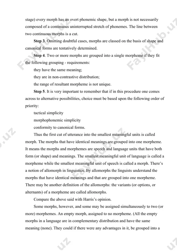 have no meaning and must be predicable in terms of non-empty morphs. a portmanteau morphs must have the meanings of two or more morphemes simultaneously, and must be in non-contrastive distribution with the combination of any alternant of one of the member morphemes and any alternant of the other (usually because no such combination occur). the difference in the phonemic shape of morphs as alternants of morphemes are organized and stated; this (in some cases already partly accomplished in step 1) constitutes morphophonemics. in particular, portmanteaus are compared with the other alternants of the morphemes involved, and if resemblances in phonemic shape and the number of cases warrant, morphs of other than overt phonemic content are recognized, some of the portmanteaus being thus eliminated. the types of morphemes morphemes can be classified from different view-points: functional number correlation between form and content from the point of view of function they …