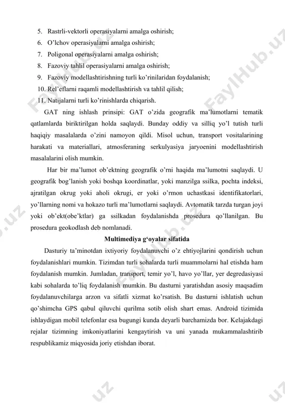 esa bugungi kunda deyarli barchamizda bor. kelajakdagi rejalar tizimning imkoniyatlarini kengaytirish va uni yanada mukammalashtirib respublikamiz miqyosida joriy etishdan iborat. multimediya uskunalari navigatsion tizimlarni yaratishda avvalambor ma’lumotlarni saqlash uchun ma’lumotlar ombori kerak bo’ladi. chunki xaritada aks ettiriladigan ma’lumotlarnining barchasi ma’lumotlar omborida saqlanadi. buning uchun biz avvalambor navigatsion tizimni yaratishimizdan oldin ma’lumotlar bazasini boshqarish tizimi(mbbt)ni tanlashimiz kerak bo’ladi. bugungi kunga kelib mbbt lar soni juda ham ko’p. ularga misol qilib bir necha keng tarqalgan turlarini olishimiz kerak. masalan, sqlserver, oracle, mysql, sqllite va boshqalar. bu tizimlardan birini tanlash har kimning ixtiyoriga bog’liq. chunki bu tizimlarning barchasi bir xil funksiyani bajarish imkoniyatiga ega. ikkinchi navbatda foydalanuvchi uchun qulay foydalanuvchi grafik interfeysi yaratiladi. buning uchun dasturiy vosita yaratish kerak. dasturiy vositasini yaratish uchun dasturlash tilini tanlash kerak. dasturni tanlash dasturchining imkoniyatiga bog’liq. dasturlash tillari bugungi kunda juda ham ko’p. ulardan eng ko’p ommaga tarqalganlari quyidagilar: c#, java, delphi, c, c++. dasturni ikki tizimda …