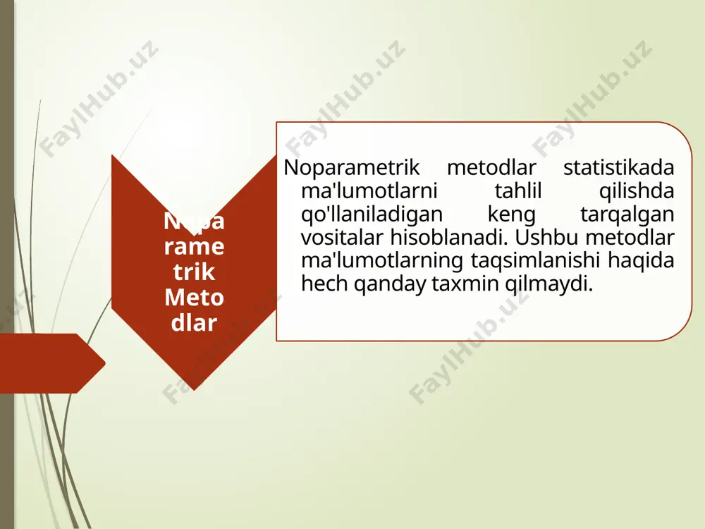 pearmanning korrelyatsiya koeffitsienti ikki o'zgaruvchining chiziqli bog'liqligi yo'qligida ishlatiladi. kendallning tau testi kichik hajmdagi namunalarda yoki bog'liqlik kuchsiz bo'lganda ishlatiladi. noparametrik regressiya chiziqli regressiya muammolarida ishlatiladi. noparametrik korrelyatsiya va regressiya metodlari afzalliklar kamchiliklari kam kuchli, ma'lumotlarning barcha xususiyatlarini hisobga olmaydi, ba'zi holatlarda aniqlikni yo'qotish mumkin. noparametrik metodlarning afzalliklari va kamchiliklari ma'lumotlar taqsimlanishiga bog'liq emas, kichik hajmdagi namunalarda qo'llaniladi, o'lchov darajasi past bo'lgan ma'lumotlarga mos keladi. 1 tibbiyot bemorlarning natijalarini taqqoslash va davolash usullarining samaradorligini baholash. 2 ta'lim o'quvchilarning yutuqlarini baholash va ta'lim strategiyalarini samaradorligini o'rganish. 3 iqtisodiyot bozor tendentsiyalarini tahlil qilish va biznesning o'sishini bashorat qilish. 4 ijtimoiy fanlar ijtimoiy hodisalarni o'rganish va ularning o'zaro bog'liqliklarini tahlil qilish. noparametrik metodlarning qo'llanish sohalari o'quvchilarning yutuqlarini baholash noparametrik metodlar va ta'lim tizimi noparametrik testlar yordamida o'quvchilarning yutuqlarini taqqoslash va ularning o'sishini kuzatish mumkin. ta'lim strategiyalarini samaradorligini o'rganish noparametrik metodlar yordamida turli ta'lim strategiyalarini samaradorligini taqqoslash va eng samarali usulni aniqlash mumkin. 1 …