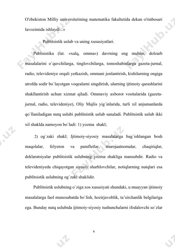 at tangligi va b. publitsistik uslub ommaviy axborot vositalari uslubidir. bu uslubning muhim xususiyati axborot berish va ta’sir qilish, soddalik, tushunarlilik, ta’sirchanlik, adabiy til me’yorlariga qat’iy amal qilishdir. publitsistika bir qancha janrlarga ega. til birliklari va materialidan fikrni ifodalash maqsadida foydalanish jarayoni nutq sanaladi. hayotning turli sohalari, turlicha nutq vaziyatlarida tildagi leksik, frazeologik, fonetik va grammatik vositalarni tanlash va ulardan foydalanish usullari ham har xil bo‘ladi. shunga ko‘ra, nutqning quyidagi uslublari o‘zaro farqlanadi: so‘zlashuv uslubi, rasmiy-idoraviy uslub, ilmiy uslub, publisislik uslub va badiiy uslub. rasmiy-idoraviy nutq uslubi jamiyatdagi ijtimoiy-huquqiy munosabatlar, davlat va davlatlararo rasmiy, siyosiy-iqtisodiy, madaniy aloqalar uchun xizmat qiluvchi uslubdir. bu uslub hujjatchilik xarakteri bilan ajralib turadi. shunga ko‘ra, yozma nutqning xizmatga doir bu turi davlat qonunlari, farmonlar, bayonotlar, shartnomalar, idora hujjatlari, e’lonlar va boshqa rasmiy yozishmalar uslubi hisoblanadi. rasmiy uslub tilining asosiy xususiyati aniqlik va ixchamlikdir, unda muayyan nutqiy qoliplar, kasb-hunar so‘zlari, atamalar, tayyor sintaktik qurilmalar keng qo‘llanib, …