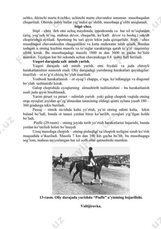 podromda va har xil to’siqlardan (ariq, yog’och to’siq, mahsus devor, chuqurlik, ko’katli devor va boshq.) sakrab choptirishga aytiladi. sportning bu turi qiyin lekin juda qiziqarlidir. stipl – chez musobaqasi chavandozdan chaqqonlikni va katta mahoratni talab qiladi. bundan tashqari u otning kuchini masofa va to’siqlar xarakteriga qarab to’g’ri taqsimlay olishi kerak. bu musobaqadagi masofa 1800 m dan 3600 m gacha bo’lishi mumkin. tejalgan har bir sekunda uchun chavandozga 0.8 ijobiy ball beriladi. yuqori darajada salt minib yurish. yuqori darajada salt minib yurish, otni foydali va juda chiroyli harakatlanishini namoish etadi. oliy darajadagi yurishning harakatlari quyidagilar: tisarilish – ot to’g’ri chiziq bo’ylab tisariladi. yonbosh harakatlanish – ot oyog’i chapga, o’nga, ko’ndlangiga va diagonal bo’ylab tashlanishi kerak. galop chopishida oyoqlarning almashtirib tashlanishini – bu harakatlanish usuli juda qiyin hisoblanadi. yarim piruet va piruet – odimlab yurish yoki galop chopish vaqtida otning orqa oyoqlari joyidan qo’zg’almasdan tanasining oldingi qismi aylana yasab 180 – 360 …