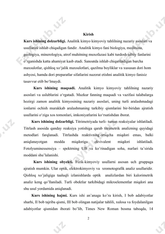 va ko’rinadigan soha, nurlari ta’sirida moddani shu’lalanishi. kurs ishining obyekti. fizik-kimyoviy usullarni asosan uch gruppaga ajratish mumkin. ular optik, elektrokimyoviy va xromotografik analiz usullaridir. qishloq xo’jaligiga taaluqli izlanishlarda optik analizlardan biri kalorimetrik analiz keng qo’llaniladi. turli obektlar tarkibidagi mikroelementlar miqdori ana shu usul yordamida aniqlanadi. kurs ishining hajmi. kurs ishi an’anaga ko’ra kirish, i bob adabiyotlar sharhi, ii bob tajriba qismi, iii bob olingan natijalar tahlili, xulosa va foydalanilgan adabiyotlar qismidan iborati bo’lib, times new roman bosma taboqda, 14 o’lcham va 1,5 intervallarda yozilgan. kurs ishining hajmi 21 sahifadan tashkil topgan. 11 ta adabiyotlar ro’yxatidan tashkil topgan. i bob. adabiyotlar sharhi 1.1. voltamperometriya metodi haqida tushuncha analitik kimyoda inversiyaga oid voltampermetr usuli bilan metall ionlarini mikrokonsentrasiyalarini tahlil qilishda. ishchi sirtining faolligi yuqori,ishchi potensiallarining ko’lami keng,ishlash imkoniyati katta bo’lgan ko’mir pastali elektrod yaratishdir.eletrod organik moddani o’zida bog’lovchi grafit kukunini va pastaga botirilgan tok uzatgichni o’z ichiga olgan to’ldiruvchi aralashma ko’nrinishidagi pasta …