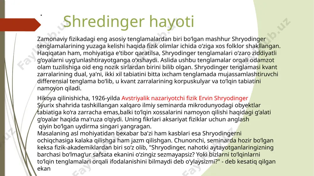 nglamasi shredinger tenglamasi— kvant mexanikaning asosiy tenglamasi. e. shredinger taklif qilgan (1926). kvant mexanikada mikrozarra (electron neytron atom yadro va boshqalar ) ning holati to’l- qin funksiya yoki ksifunksiya (v) bilan tavsiflanadi. shredinger tenglamasi oldindan ma’lum bo’lgan munosabatlar- dan nazariy keltirib chiqarilmaydi. balki uni boshlang’ich asosiy deb hisoblab, uning to’g’riligini undan kelib chiqadigan natija- larning tajriba ma’lumotlariga juda aniq mos tushishi bilan isbotlanadi. tushunish osonroq bo‘lishi uchun, bu o‘rinda men shryodinger tenglamasining soddalashtirilgan ko‘rinishini keltirib o‘taman. tenglamaning mazkur sodda ko‘rinishi fizikada "bir o‘lchamli statsionar shryodinger tenglamasi" deyiladi. ehtimollikning tarqalishi uchun to‘lqin funksiyasi yunon alifbosidagi ψ ("psi") harfi bilan belgilanadi va u quyidagi differensial tenglamaning yechimiga teng bo‘ladi: bu yerda: x - masofa; h - plank doimiysi; m - massa, e - zarrachaning to‘liq energiyasi, u esa zarrachaning potensial energiyasi. agar sizga tenglama tushunarsiz bo‘lgan bo‘lsa, buning hecham xijolat bo‘ladigan joyi yo‘q (uni aslida ayrim fizik mutaxassislar ham tushunishmaydi ). shunchaki, …