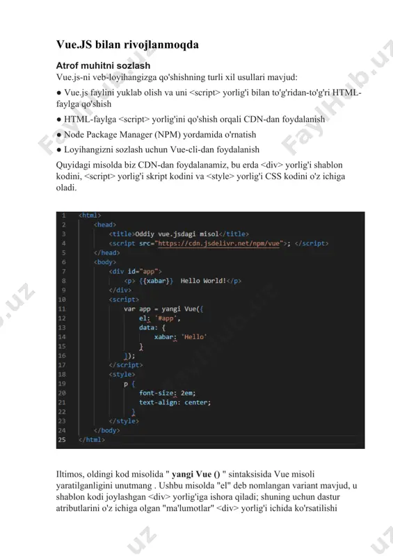 aqdim etadi, shuning uchun biz "v-on:" ni "@" bilan almashtirishimiz mumkin. ma'lumotlarni bog'lash vue.js v-model direktivasini taqdim etadi, bu shaklni kiritish va dastur holati o'rtasida ikki tomonlama bog'lanishni yaratadi. ushbu misolda bayonot va "ma'lumotlar" ob'ekti bog'langan. agar biz app.message = 'salom, yana mehmon!' bizning javascript konsolimizda biz matnli shablon va qiymati yangilanganligini ko'ramiz. reaktiv interfeyslar vue.js shuningdek kuzatuvchi sifatida ishlaydigan soat xususiyatidan foydalangan holda dinamik ravishda qo'shiladigan xususiyatlarga reaktivlik qo'shish imkoniyatlarini taqdim etadi. quyidagi misolda, foydalanuvchi har safar tugmachani bosish orqali "hisoblagich" ma'lumotlarining qiymatini o'zgartirganda, "hisoblagich" ning eski va yangi qiymatini ko'rsatadigan xabar ko'rsatiladi: hisoblangan xususiyatlar shablondagi iboralar oddiy operatsiyalar uchun juda qulaydir, chunki shablonlarimizdagi juda ko'p mantiqni o'z ichiga olgan holda kod hidi paydo bo'lishi mumkin, bu esa uni saqlashni qiyinlashtiradi. demak, biz hisoblash xususiyatidan foydalanishimiz mumkin, bu asosan getter funktsiyasi bo'lib, u har doim "ma'lumotlar" ob'ektining bog'liq qiymatiga bog'liq. mana bir misol: bu erda biz app.reversedmessage qiymati har …