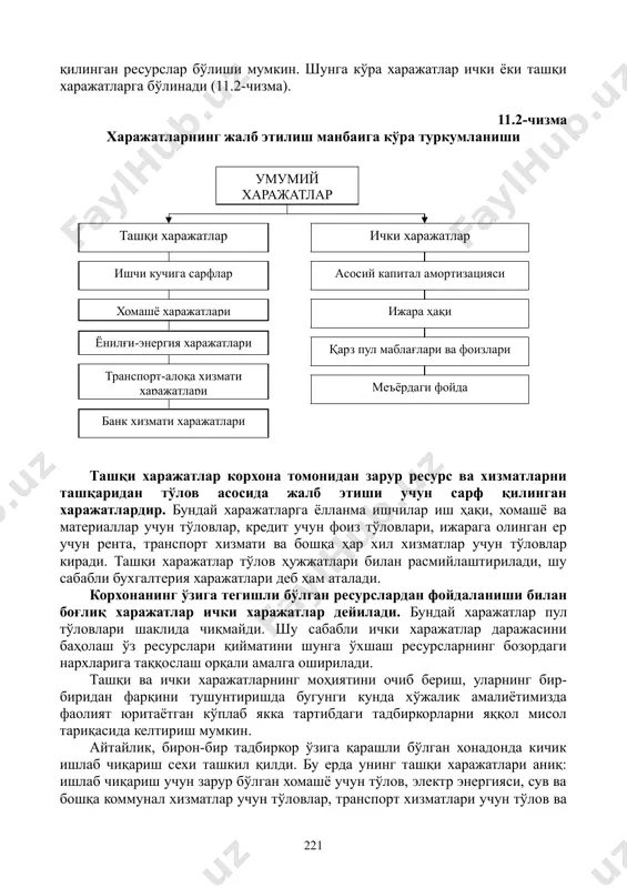 маржиналистик сарф-харажатлар назарияси бўйича корхона ишлаб чиқариш жараёнида фойдаланиладиган ресурслар ўз ресурслари ёки жалб қилинган ресурслар бўлиши мумкин. шунга кўра харажатлар ички ёки ташқи харажатларга бўлинади (11.2-чизма). 11.2-чизма харажатларнинг жалб этилиш манбаига кўра туркумланиши ташқи харажатлар корхона томонидан зарур ресурс ва хизматларни ташқаридан тўлов асосида жалб этиши учун сарф қилинган харажатлардир. бундай харажатларга ёлланма ишчилар иш ҳақи, хомашё ва материаллар учун тўловлар, кредит учун фоиз тўловлари, ижарага олинган ер учун рента, транспорт хизмати ва бошқа ҳар хил хизматлар учун тўловлар киради. ташқи харажатлар тўлов ҳужжатлари билан расмийлаштирилади, шу сабабли бухгалтерия харажатлари деб ҳам аталади. корхонанинг ўзига тегишли бўлган ресурслардан фойдаланиши билан боғлиқ харажатлар ички харажатлар дейилади. бундай харажатлар пул тўловлари шаклида чиқмайди. шу сабабли ички харажатлар даражасини баҳолаш ўз ресурслари қийматини шунга ўхшаш ресурсларнинг бозордаги нархларига таққослаш орқали амалга оширилади. ташқи ва ички харажатларнинг моҳиятини очиб бериш, уларнинг бир-биридан фарқини тушунтиришда бугунги кунда хўжалик амалиётимизда фаолият юритаётган кўплаб якка тартибдаги …