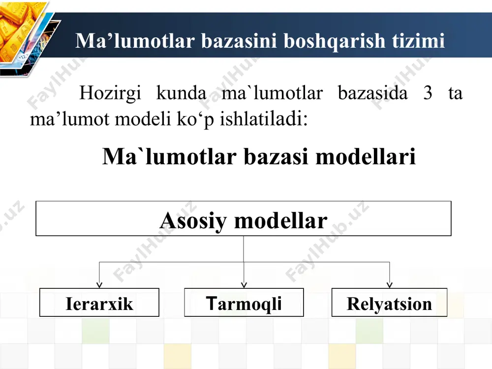 umot baza modeli nima ierarxik (shajara) modeli ma’lumot modeli va uning asosiy xarakteristikalari tarmoqli model ma’lumot va uning asosiy xarakteristikalari mashqlar. ierarxik modelga misol ketiring va uni sxemasini chizing. tarmoqli modelga misol ketiring va uni sxemasini chizing. berilgan ierarxik (shajara) modeli ma’lumot modeli jadval ko‘rinishda tasvirlang logo logo ulman –chen diagrammasi ulman –chen diagrammasi ulman-chen diagrammasi ulman –chen diagrammasi