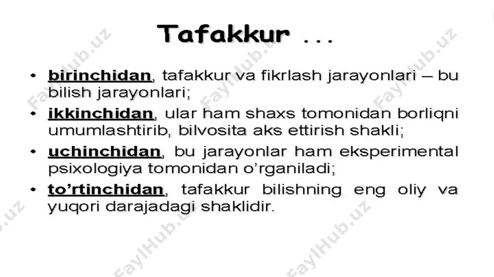 r hayot va amaliyot davomida odam yangi maqsad, yangi muammo, yangicha ahvol va yangi faoliyat sharoitlari paydo bo`lsa, odamda dastlab tafakkur qilishga zaruriyat tug`iladi. tafakkur yangilikni izlash va ochish demakdir. oddiy eski usullar bilan vazifa hal qilinganda tafakkur talab qilinmaydi. masalan, 2q2q4 muammoli vaziyat bilan masalani farq qilish zarur. muammoli vaziyatning odamlar faoliyati davomida kutilmagan, qandaydir tushunib bo`lmaydigan narsaga, noma`lum tashvishli narsalarga duch kelib qoladi. muammoli vaziyatni tahlil qilish natijasida masala paydo bo`ladi va tarkib topadi. masalani yuzaga kelish muammosi vaziyatdan farq qilib, garchi oldindan bo`lsa ham mazkur (ma`lum) va noma`lum qidiralayotgan narsani taxminan bo`laklarga bo`lish masalaning shartida ifodalanadi. masalan, o`quv masalasida uning asosiy sharti hamda talablar (savollar) mavjud bo`ladi. tafakkur faoliyati muayyan maqsadga qaratilgan alohida ong jarayoni tariqasida sodir bo`ladi. bosh miyaning biror uchastkasidagi faoliyat emas, balki butun bosh miya po`stining faoliyati mana shu jarayonning nerv - fiziologik asosidir. tafakkur faoliyati uchun avvalo analizatorning miyadagi uchlari o`rtasida vujudga keladigan …