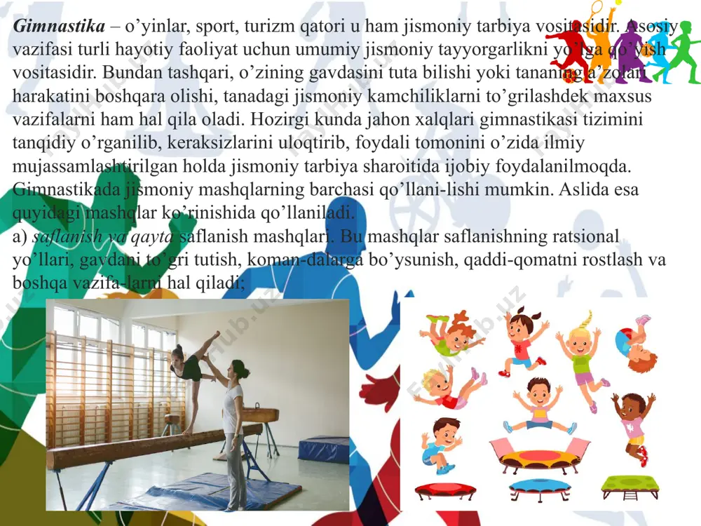 a yo’naltirilgan. lekin bu ham jismoniy tarbiya tarixiy omillarini to’laqonli o’z tarkibiga sigdira olmagan. hozirgacha to’liq ilmiy asoslangan jismoniy mashqlar klassifikatsiyasi mavjud emas. sobiq sovet jismoniy tarbiya tizimi ham bu vazifani uddalamadi. jismoniy tarbiya vositasi sifatida turizm quyidagi asosiy xususityalarga ega: 1. hayotiy-amaliyligi xususiyati. mustaqil faoliyat, tashabbuskorlikni tarbiyalaydi. rahbarlik, boshqarish, mo’ljal olish, yo’lni tanlash va uni to’gri topish, haritani o’qiy olishdek qator malakalarni shakllantiradi va rivojlantiradi. 2. turizm jismoniy sifatlar va harakatlar malakasini baravariga tarbiyalaydi, chunki unda ajratib olingan mutaxas-sislikka kerak bo’lgan hislatlar rivojlanmaydi. 3. safarga tayyorlanish va safar davomida barcha faoliyat, hayotiy ahamiyatga ega bo’lgan yurish, yugurish, to’siqlardan oshish va boshqa hayotiy-amaliy mashqlardan foydalaniladi. 4. turizm shugullanuvchiga ma’lum darajadagi jismoniy tayyorgarlikka ega bo’lish talabini qo’ymaydi. shunisi bilan u sportga o’xshaydi. 5. turizm paytida jismoniy mashqlar organizmga iqlim sharoiti (sovuq, issiq, shamol kabi) va marshrutining relpe-figa qarab ta’sir ko’rsatadi va uning ta’siri turlicha bo’lishi mumkin. 6. turizmda kuch sinashish, musobaqalashish …