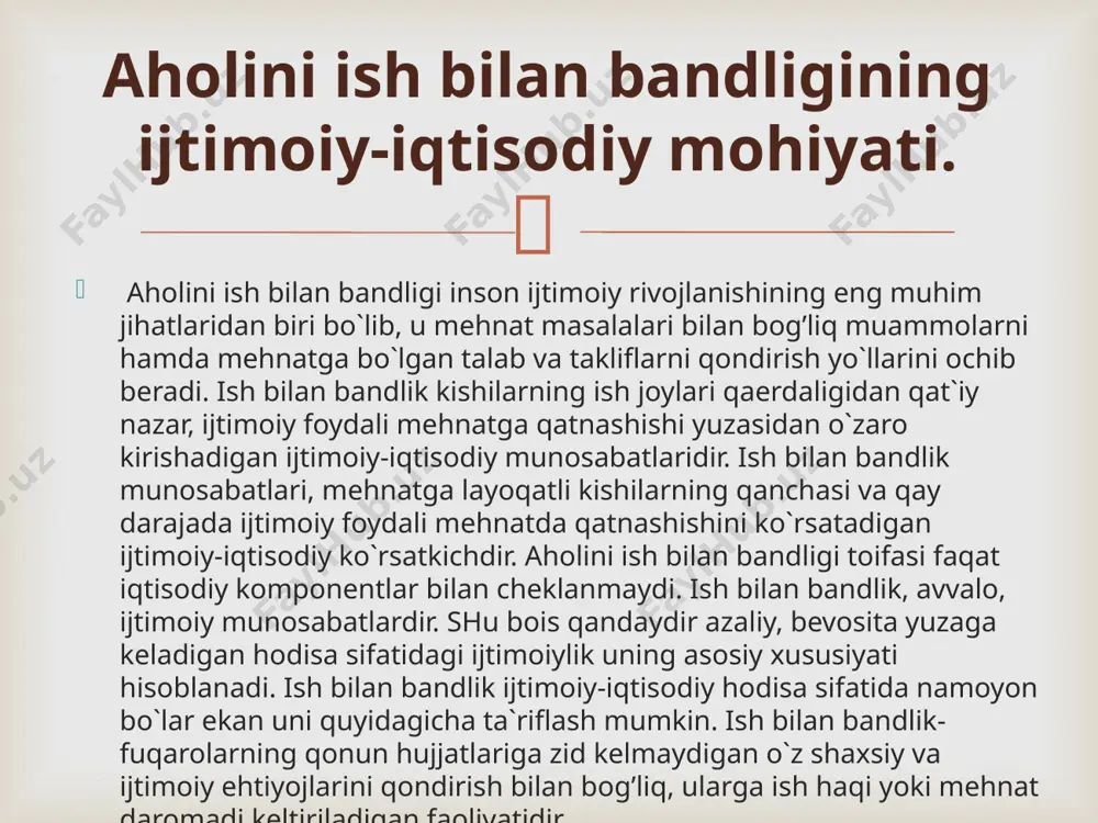 b chiqarishda qatnashayotgan oila a`zolari. qurolli kuchlarda, milliy xavsizlik xizmati va ichki ishlar organlari va qo`shinlarida xizmatni o`tayotgan, shuningdek, muqobil xizmatni o`tayotgan fuqarolar ta`lim to`g’risidagi qonun hujjatlariga muvofiq ishlab chiqarishda ajralgan holda ta`lim olayotgan fuqarolar. qonun hujjatlariga muvofiq faoliyat olib borayotgan jamoat birlashmalari va diniy muassasalarda ishlayotgan fuqarolar. o`zbekiston respublikasi «mehnat kodeksi»ga muvofiq quyidagi sabablarga ko`ra vaqtinchalik ish joyida bo`lmagan fuqarolarning ish joyi saqlanib qoladi va ular ish bilan ta`minlangan, deb hisoblanadilar: davlat va jamoat vazifalarini bajarayotgan vaqtda ish beruvchi va mehnat jamoasi manfaatlariga doir vazifalarni bajarganda jamiyat manfaatlariga doir harakatlar qilganda iqtisodiy jihatdan faol bo`lgan aholi uchun, shu jumladan,, ishsizlar uchun ish bilan ta`minlash maqomini belgilab olish muhimdir. yollanma xodimlar - bular korxona rahbariyati bilan mehnat faoliyati shartlari to`g’risida tuzilgan yozma kontrakt (shartnoma) yoki og’zaki bitim bo`yicha ishlaydigan shaxslar bo`lib, ular ana shu faoliyat uchun yollanish vaqtida kelishib olingan ish haqini oladilar. yakka tartib asosida ishlaydiganlar - mustaqil ravishda …