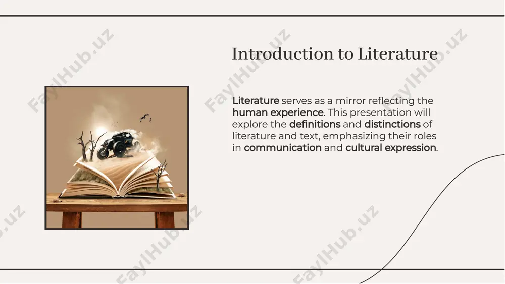 with themes, characters, and narrative structures. genres in literature include fiction, non- fiction, poetry, and drama. each genre presents a unique way to engage with themes, characters, and narrative structures. the context in which literature is created greatly influences its interpretation. factors such as historical, cultural, and social contexts shape the meaning and relevance of literary works. the context in which literature is created greatly influences its interpretation. factors such as historical, cultural, and social contexts shape the meaning and relevance of literary works. the role of contextthe role of context literature is often viewed as a form of art, where language is used creatively to evoke emotions and provoke thought. this artistic quality distinguishes it from mere informational text. literature is often viewed as a form of art, where language is used creatively to evoke emotions and provoke thought. this artistic quality distinguishes it from mere informational text. literature …