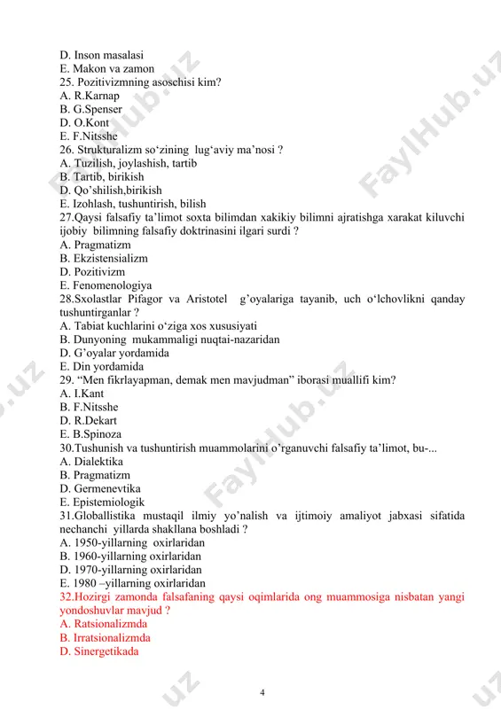 uv jarayonlarining ilk nishonalari nechanchi asrlardan boshlab kuzatilgan? a. 18 asrda b. 19 asrda d. 15 asrda e. 20 asrda 35. falsafaning fandan ustunligi nima? a. muayyan dalillarga tayanish b. e’tborni ishni mohiyatiga qaratish d. xulosalarni tafsilotlarga karatish e. falsafa jamiyat muammolarini o’rganadi 36. globallashuvning vujudga kelishga asos bo‘lgan yirik sabablarni toping? a. hayotning barcha sohasida integratsiyalashuvi b. fan va texnika kashfiyotlari d. falsafada yangi ta’limotlarning vujudga kelishi e. odamlar sonining keskin o’sishi 37. eng qadimgi ilk dunyoqarash shakli? a. siyosiy va xuquqiy b. diniy va falsafiy d. axloqiy va badiiy e. diniy-mifologik 38. «falsafa - mustaqil ijtimoiy ong shaklidir» deganda nimani anglashimiz kerak? a. dunyoni abstrakt obrazlar orqali in’ikos etganligini b. insoniyat tomonidan to‘plangan ilmiy bilimlar asosida dunyoni idrok etilganligini d. dunyoni mantiq qonunlari va kategoriyalari asosida aks ettiruvchi alohida bilish bosqichi bo‘lganligini e. har qanday falsafiy dunyoqarash muayyan manfaatlarga mos kelganligini 39. «aristotel falsafasining o‘ziga xosligi» nimada ko‘rinadi? …