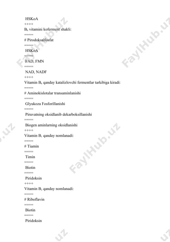 amin d ==== vitamin pp ==== vitamin a ++++ qaysi vitamin yetishmasligi natijasida mushaklarda distrofik oʻzgarishlar, jigarni yogʻ bosishi, gonadotrop gormonlar sintezini buzilishi xamda moddalarni membranalardan oʻtishini oʻzgarishi kuzatiladi: ==== # e ==== c ==== d ==== b1 ++++ vitamin e ning biologik ta’siri quyidagi jarayonlarda kuzatiladi: ==== # antioksidant sifatida xujayra membranalarini stabillaydi ==== uglevodlarning aerob parchalanishida ==== qon yaratishda ==== togʻay toʻqimasining suyak toʻqimasiga almashinishida ++++ bemor antibiotiklar iste’mol qilgandan soʻng burnidan qon ketish, kichik jaroxatlarda kuchli qon ketish kuzatiladi. askorutin preparati yordam bermaydi. bu xolat quyidagi gipovitaminozga xos: ==== # k ==== e ==== b12 ==== h ++++ k vitaminning gipovitaminozi quyidagi hollarda rivojlanishi mumkin: ==== # jigarda oʻt kislotalari sintezining buzilishida ==== qonda kaltsiy miqdorining ortishida ==== me’da shirasining umumiy kislotaliligi kamayishida ==== oziq maxsulotlari sifatida koʻp miqdorda xom tuxum ishlatishda ++++ yogʻda erimaydigan 2 ta vitaminnni koʻrsating: ==== # c, h ==== h, e ==== …