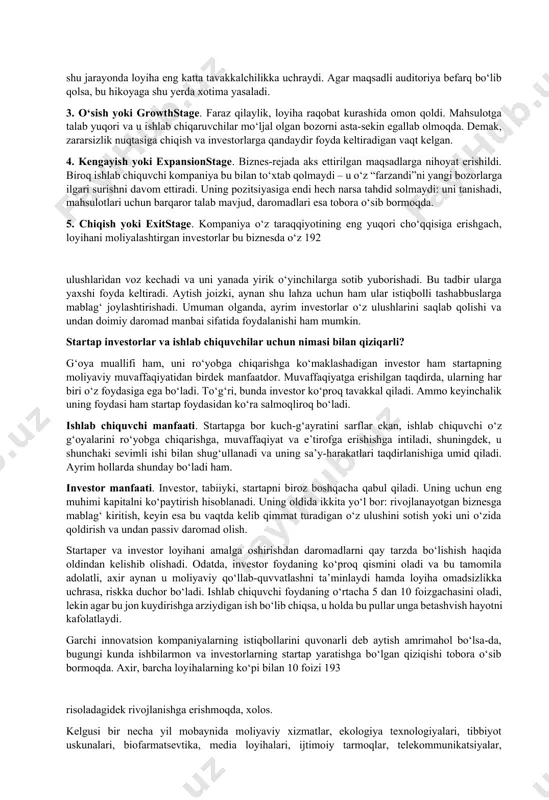 estor uchun foyda olish imkoni ham jozibali tuyuladi. shunday qilib, quyidagi xulosaga kelish mumkin: “bozori chaqqon” bo‘lmagan startap hech qanday imkoniyatga ega emas. maqsadli auditoriya uni rivojlantirishdan manfaatdor bo‘lishi kerak, aks holda, hech bir investor loyihani ishga tushirish uchun mablag‘ tikishga jazm etmaydi. startaplarning qanday turlari bor? startaplarning bir nechta belgilari mavjud, masalan, ularning mahsulot xususiyatlari va sotish bozori bo‘yicha tasniflash qabul qilingan. startaplarning quyidagi turlari mavjud:  “muvaffaqiyatli nusxalar”. ushbu guruhga muayyan darajada xorijiy startaplarning klonlari bo‘lgan ko‘p sonli mahalliy loyihalar kiradi. birinchi navbatda, bu ijtimoiy tarmoqlardir. ma’lum bo‘lishicha, bunday nusxalar juda istiqbolli ekan.  “tajovuzkor kelgindilar”. bu guruh bozorning qandaydir segmentini qo‘lga kiritish va undan raqobatdosh kompaniyalarni chiqarib yuborishga yo‘naltirilgan startaplarni o‘zida birlashtiradi. mahsulotni bozorga kiritish uning mutlaqo narx afzalligi tufayli amalga oshirilishi mumkin.  “sirli tulporlar”. o‘ta yangiligi bois istiqboli mavhum bo‘lgan startaplarni shunday deb atash mumkin. bir tomondan, ushbu startaplarning yaratuvchilari ularni ilgari surishga harakat qilgan …