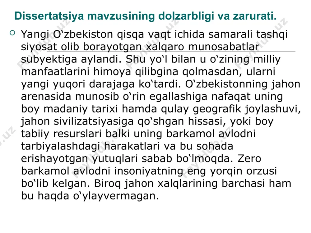 dagi ahamiyati tashkil etadi tadqiqot predmeti yoshlar ijtimoiy-siyosiy hamda ma’naviy faolligini oshirish muammolari tashkil qiladi. tadqiqot maqsadi o‘zbekiston respublikasida yoshlar ijtimoiy-siyosiyv va ma’naviy faolligini oshirishda yoshlar oid davlat siyosati va yoshlar tashkilotlari faoliyati samaradorligini oshirish yuzasidan takliflar ishlab chiqish va yoshlar tarbiyasi, ijtimoiy-falsafiy asoslari, ijtimoiy muhitdagi o‘rni va ahamiyatini asoslashdan iborat. tadqiqot vazifalari: yoshlarni shaxs sifatida shakllantirishning ijtimoiy-falsafiy jahatdan tahlil qilish; milliy qadriyatlarning yoshlar shaxsini shakllantirishdagi o‘rnini baholash; o‘zbekistonda yoshlarga oid davlat siyosatining mohiyatini ochib berish; yangi o‘zbekistonda yoshlar siyosiy madaniyatini yuksaltirish muammolarini tahlil qilish. tadqiqotning ilmiy yangiligi ilmiy tadqiqot ishida 1991-2023-yillar oralig‘ida o‘zbekiston respublikasida yoshlarga qaratilayotgan davlat siyosati va yoshlar tashkilotlarining amalga oshirgan ishlari va tadqiqotlar ilk marotaba umumlashtirilgan holda hamda qiyosiy o‘rganildi, ba’zi xulosa va fikrlar bildirildi. o‘zbekistonda yoshlar ijtimoiy-siyosiy faolligini oshirishga to‘sqinlik qiluvchi va imkoniyat beruvchi omillar tasniflandi; yoshlarni komil inson qilib tarbiyalashda milliy qadriyatlarning o‘rni va ahamiyatini ochib berindi. tadqiqot mavzusi bo‘yicha adabiyotlar sharhi (tahlili). mamlakatimizda …