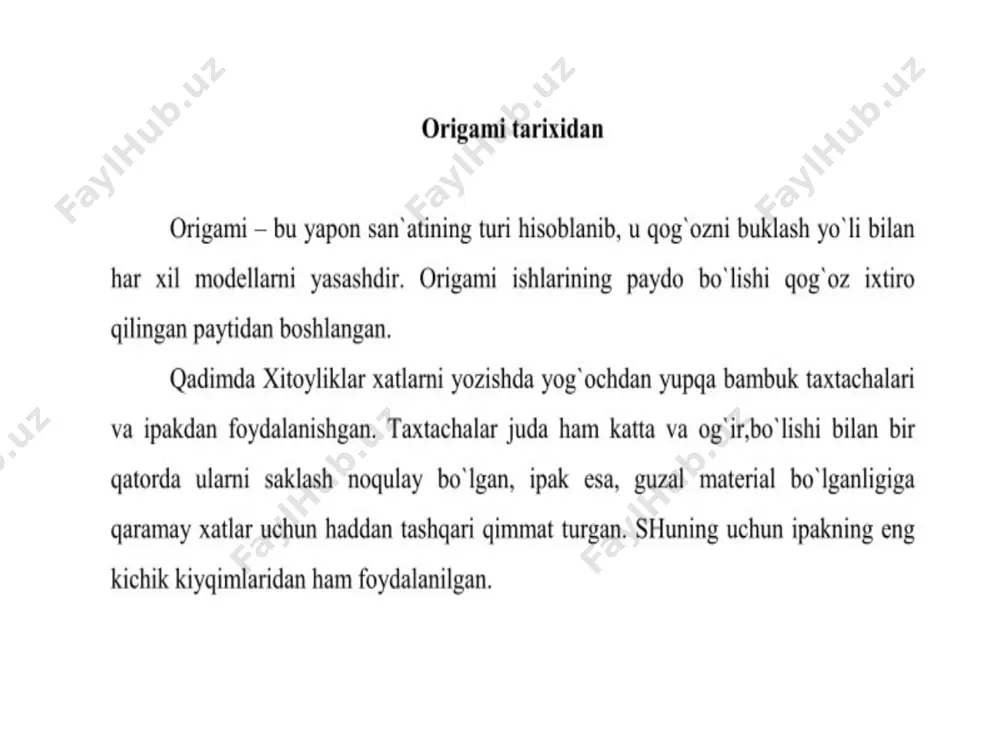 ob turidan ommalashgan turiga aylandi va u insonlarning bo`sh vaqtlarini unumli o`tkazishlari uchun juda katta eshiklarni ochib berdi. mana shu davrda origamining eng sodda oddiy modellari yaratildi. ularning orasida bizning hammamizga ma'lum bo`lgan oqqush (tsuru) –baxt va uzoq umr belgisi bo`lmish o`ylab topilgan. bir necha modellar yapon origami san'ati ustasi akira yoshizavaga tegishli hisoblanadi. xuddi mana shu inson origami alifbosini yaratgan. uning ushbu modellari bizgacha yetib kelgan. o`zining ilk dunyo bo`ylab sayohatini origami xx asr boshlarida boshladi. origami san'atining rivojlanishiga origami ustalaridan buyuk britaniyalik deyv brill, vengriyalik peter budai, frantsiyalik erik juazel, italiyalik alfredo djunta, singapurlik ronald kox va aqshlik robert long va djon montrollar katta hissa qo`shishgan. bir varaq qog`ozdan bir necha ming turdagi figuralar yaratish mumkin. oddiy taxlash va buklash insonlarning fantaziyasi origami dunyosida yangi dunyo yaratishlari mumkin. origami san'ati butun dunyo yoshlari va keksalar uchun o`zining eshiklarini ochgan. ushbu san'at turidan xattoki parij modelerlari, amerika dizaynerlari, olti …