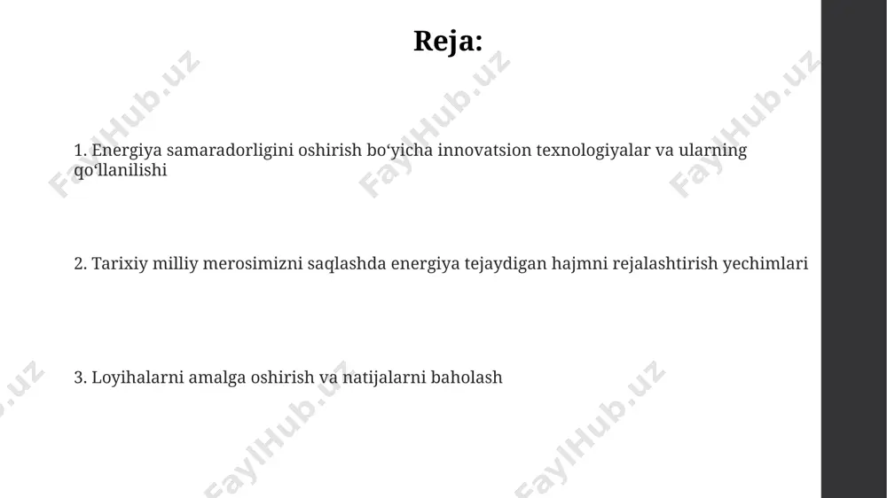 azishda binolarning issiqlik izolyatsiyasi darajasini aniqlash, o'rtacha 20-30% energiya tejash potentsialini ochib beradi, bu esa issiqlik yo'qotishlarini kamaytirish orqali amalga oshiriladi. avtomatlashtirilgan boshqaruv tizimlarini joriy etish zamonaviy avtomatlashtirilgan tizimlar, tarixiy obidalarni monitoring qilish va boshqarish uchun real vaqt rejimida 24/7 ma'lumotlarni taqdim etadi, bu esa tezkor choralar ko'rish va xarajatlarni kamaytirishga imkon beradi. avtomatlashtirilgan boshqaruv tizimlari yordamida energiya sarfini 15-20% ga kamaytirish mumkin, bu esa yillik byudjetdan 50 million so'mdan ortiq mablag'ni tejash imkonini beradi. intellektual boshqaruv tizimlarini o'rnatish, binolarning ichki mikroiqlimini 30% ga yaxshilashga va shu bilan birga, issiqlik tizimlarining ishlash samaradorligini 10% ga oshirishga yordam beradi. binolarning issiqlik izolyatsiyasini yaxshilash binolarning tashqi devorlariga 10 sm qalinlikdagi ekolojik toza issiqlik izolyatsiyasi qatlamini qo'shish energiya sarfini 25% ga kamaytirishi mumkin. zamonaviy energiya tejaydigan derazalarni (ikki yoki uch kamerali) o'rnatish issiqlik yo'qotishlarini 40% gacha kamaytirib, binoning issiqlik samaradorligini sezilarli darajada yaxshilaydi. tarixiy binolarning tomlarini issiqlik o'tkazuvchanligi past bo'lgan materiallar bilan (masalan, …